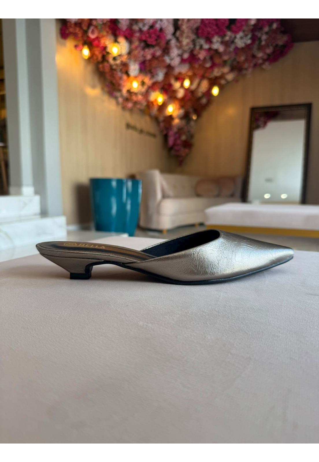 Scarpin Mule Prata Velho bico longo Salto 2 cm