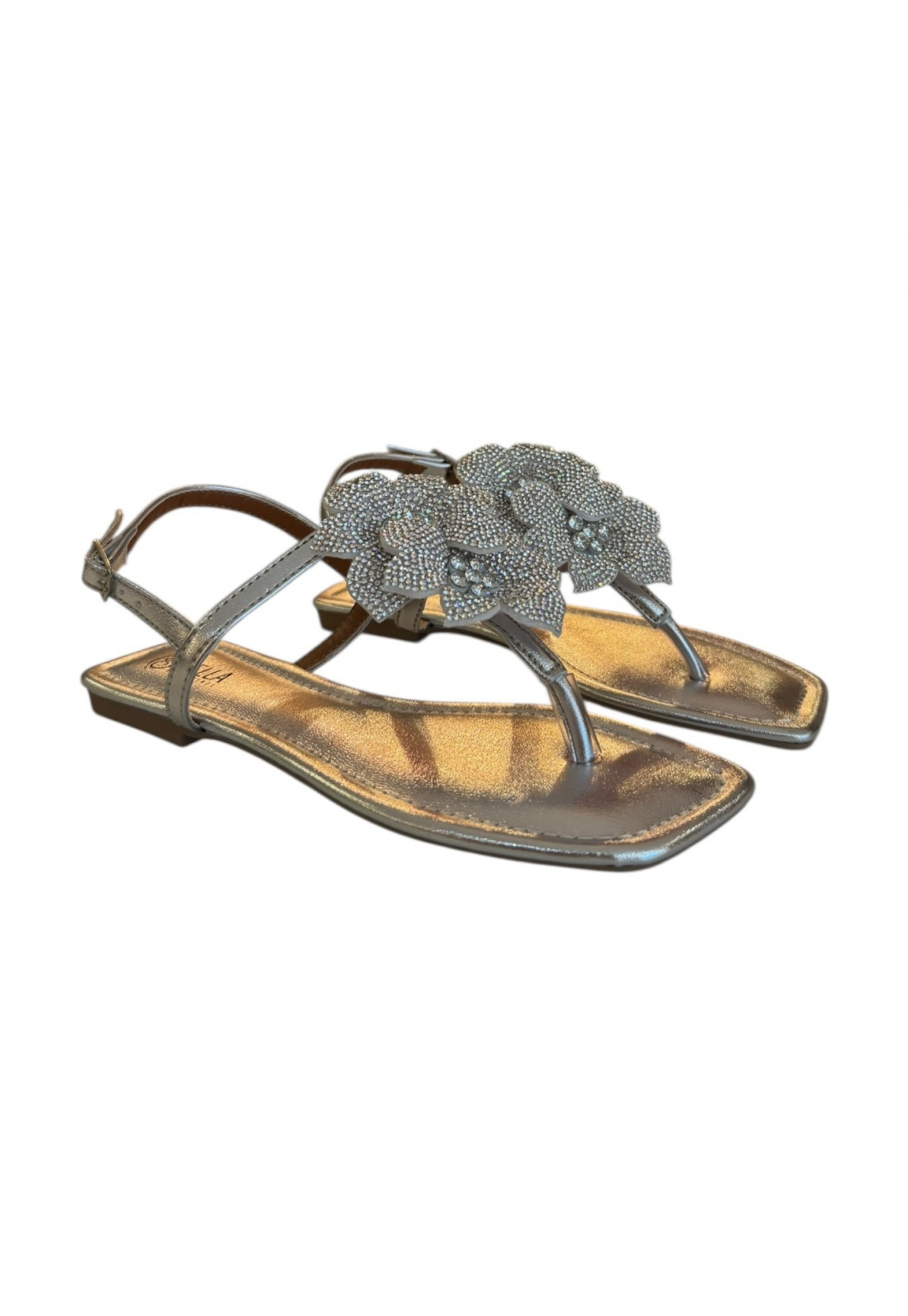 Rasteira de dedo Prata Metalizada flores Brilho Prata Furtacor Rasteira de dedo Prata Metalizada flores Brilho Prata Furtacor