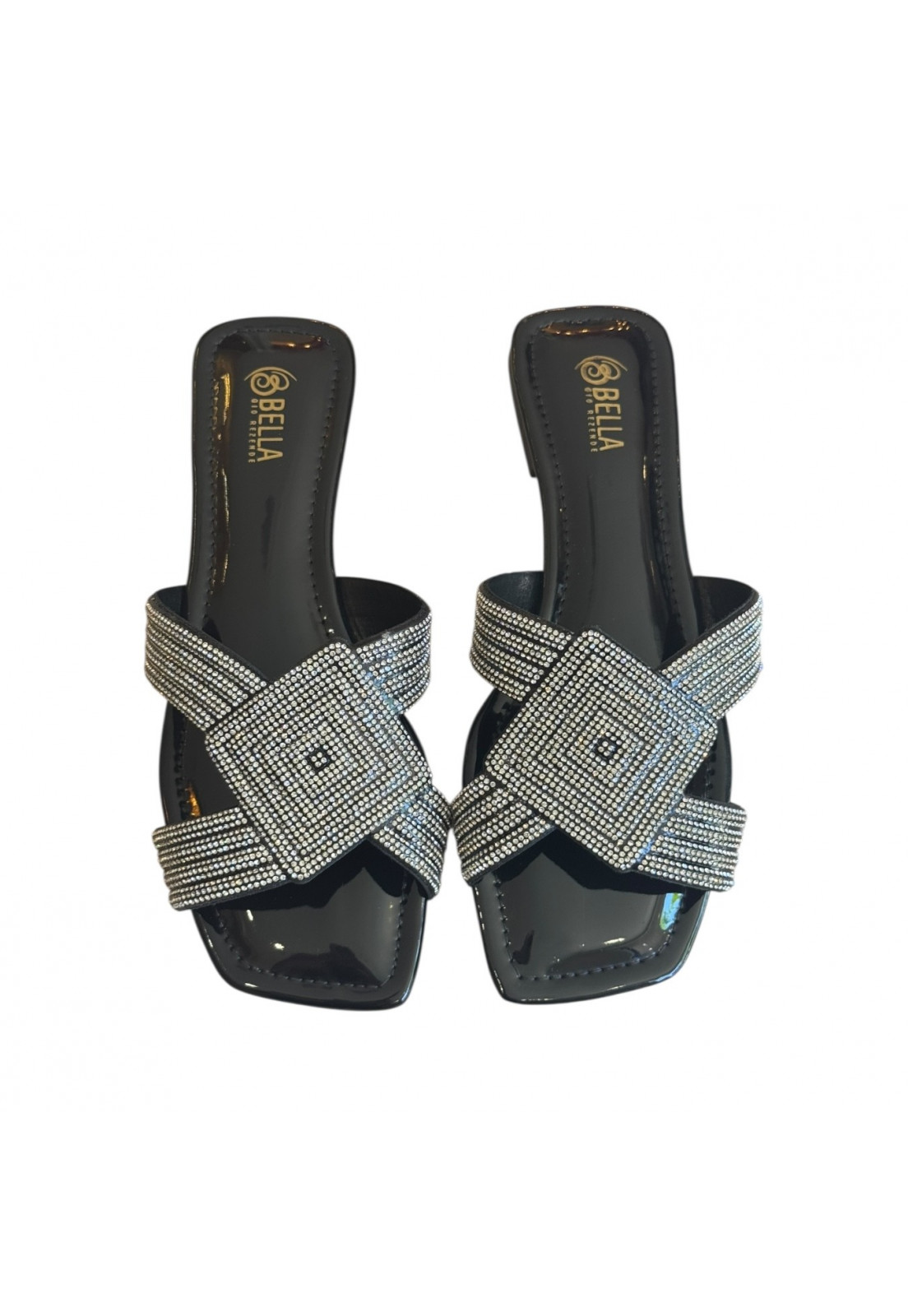 Rasteira Verniz Preto Brilho Cristal Quadrado Rasteira Verniz Preto Brilho Cristal Quadrado