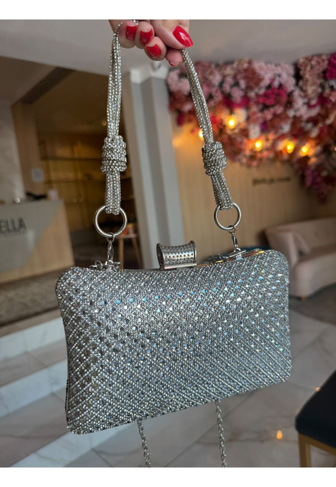 Clutch retangular Prata com Alça  Brilho Cristal Premium 