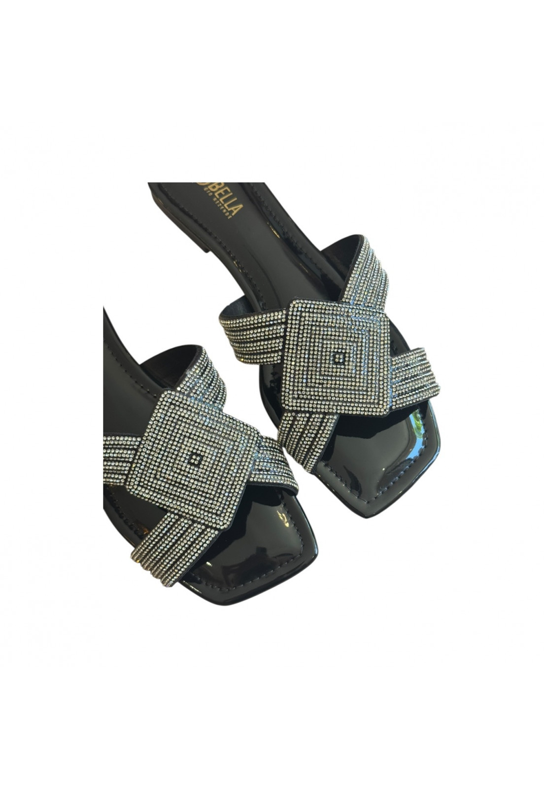 Rasteira Verniz Preto Brilho Cristal Quadrado Rasteira Verniz Preto Brilho Cristal Quadrado