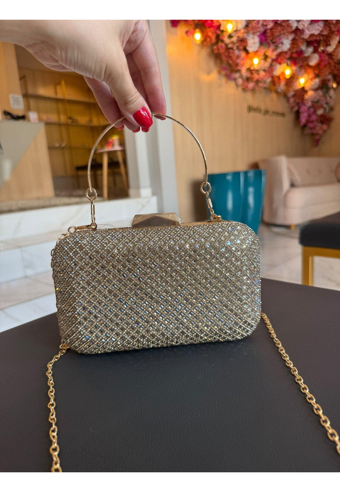 Clutch retangular Dourada Brilho Cristal duas alças