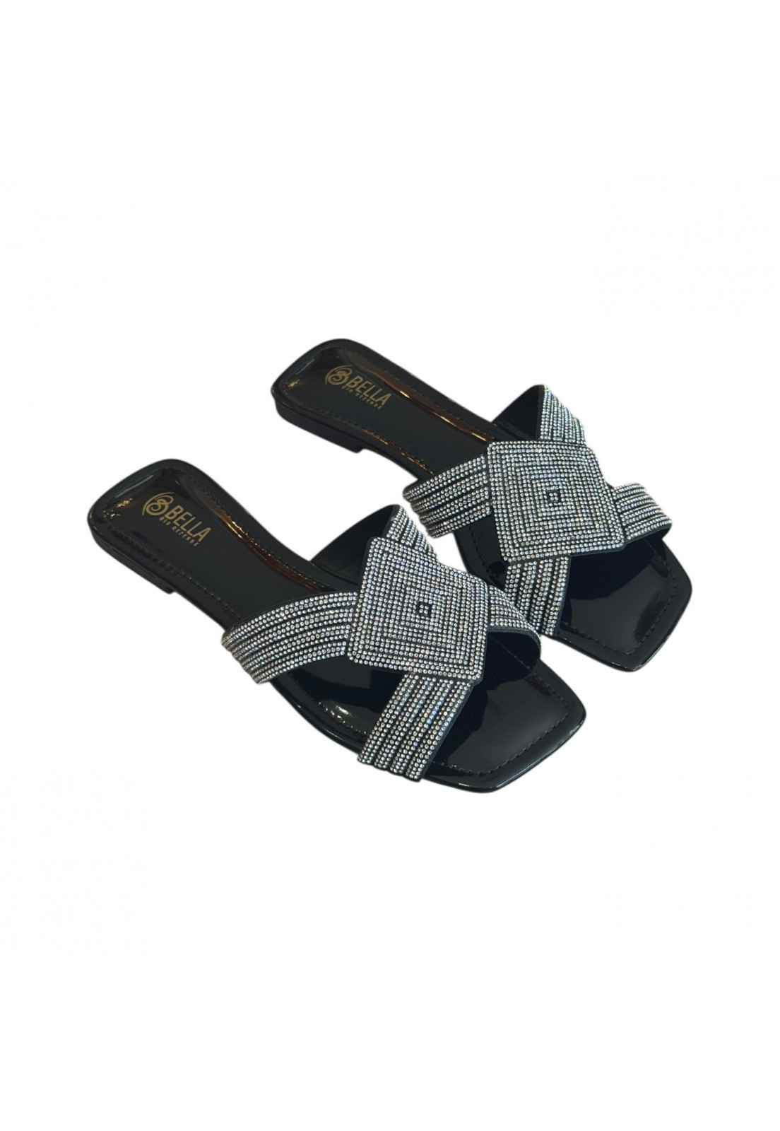 Rasteira Verniz Preto Brilho Cristal Quadrado Rasteira Verniz Preto Brilho Cristal Quadrado