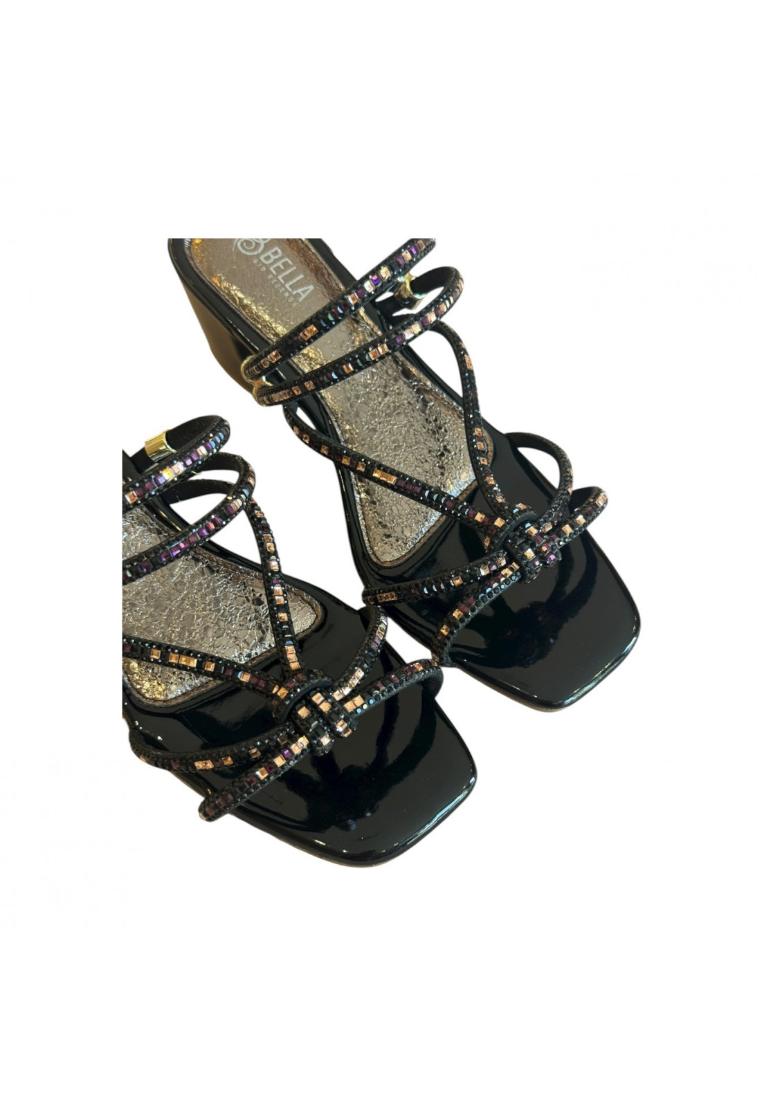 Sandália Verniz Preto Vidrilho Preto e Rosê Salto Bloco 5 cm Sandália Verniz Preto Vidrilho Preto e Rosê Salto Bloco 5 cm