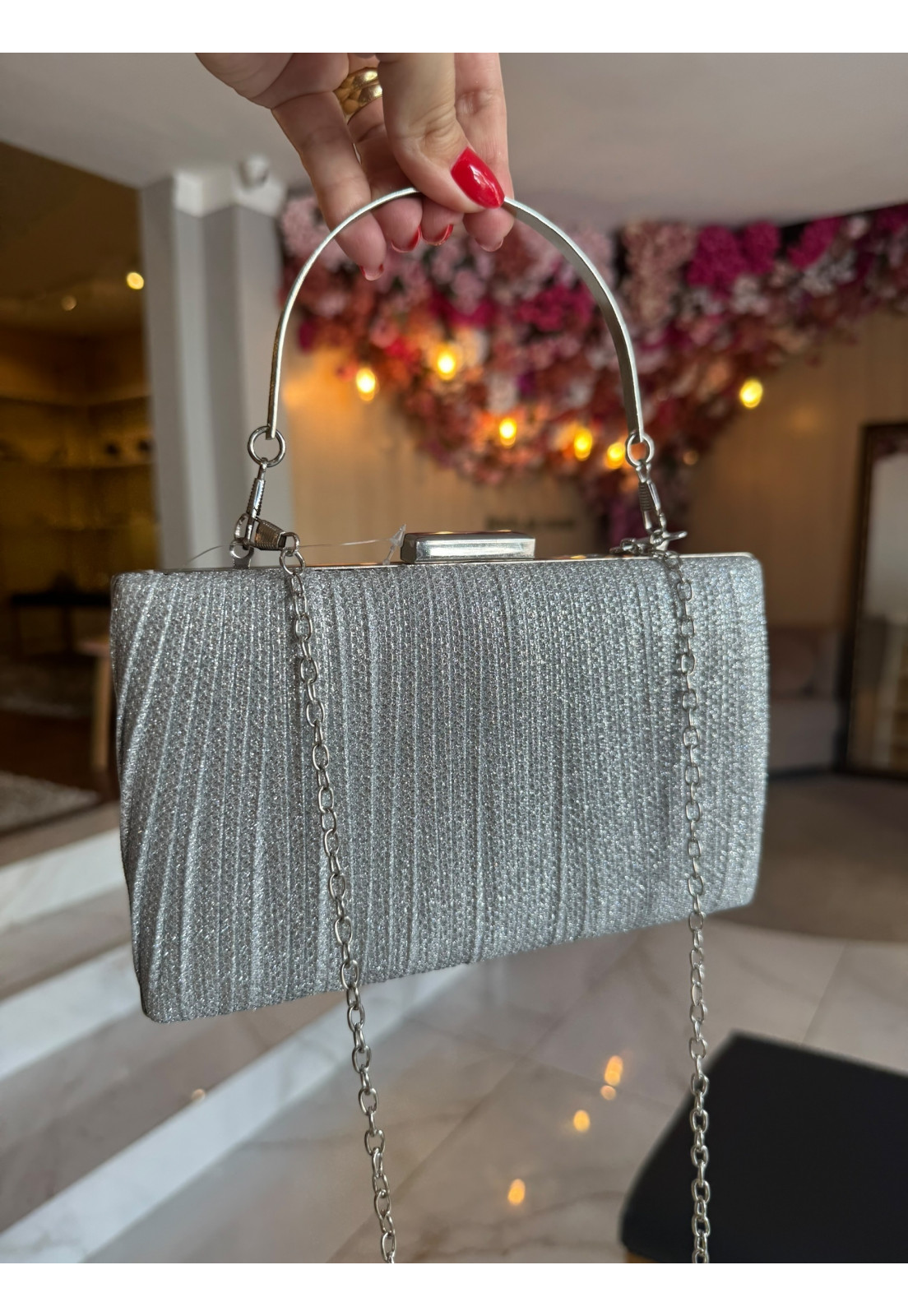 Clutch retangular Tecido Prata Brilho Cristal