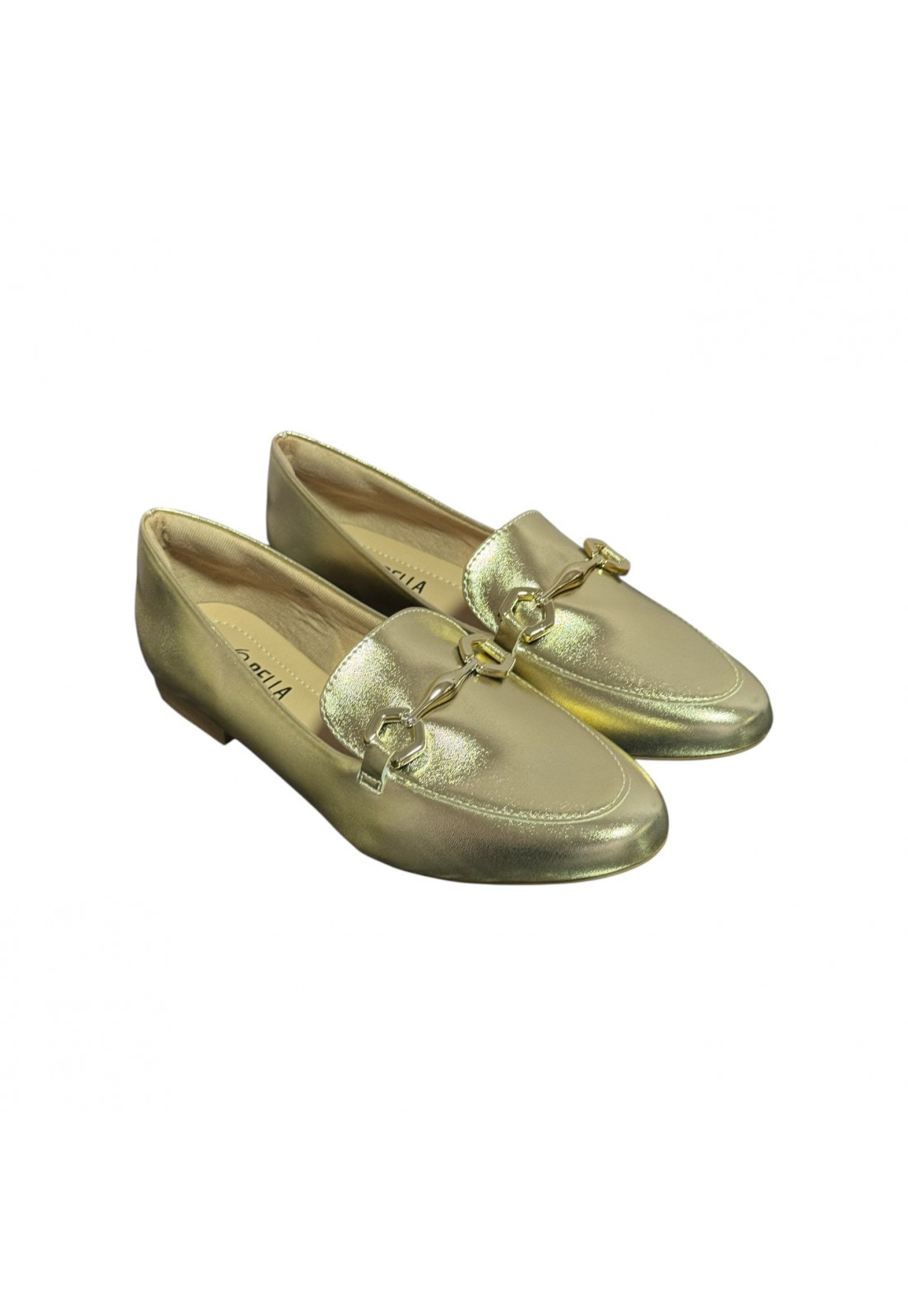 Mocassim Dourado metalizado com fivela dourada