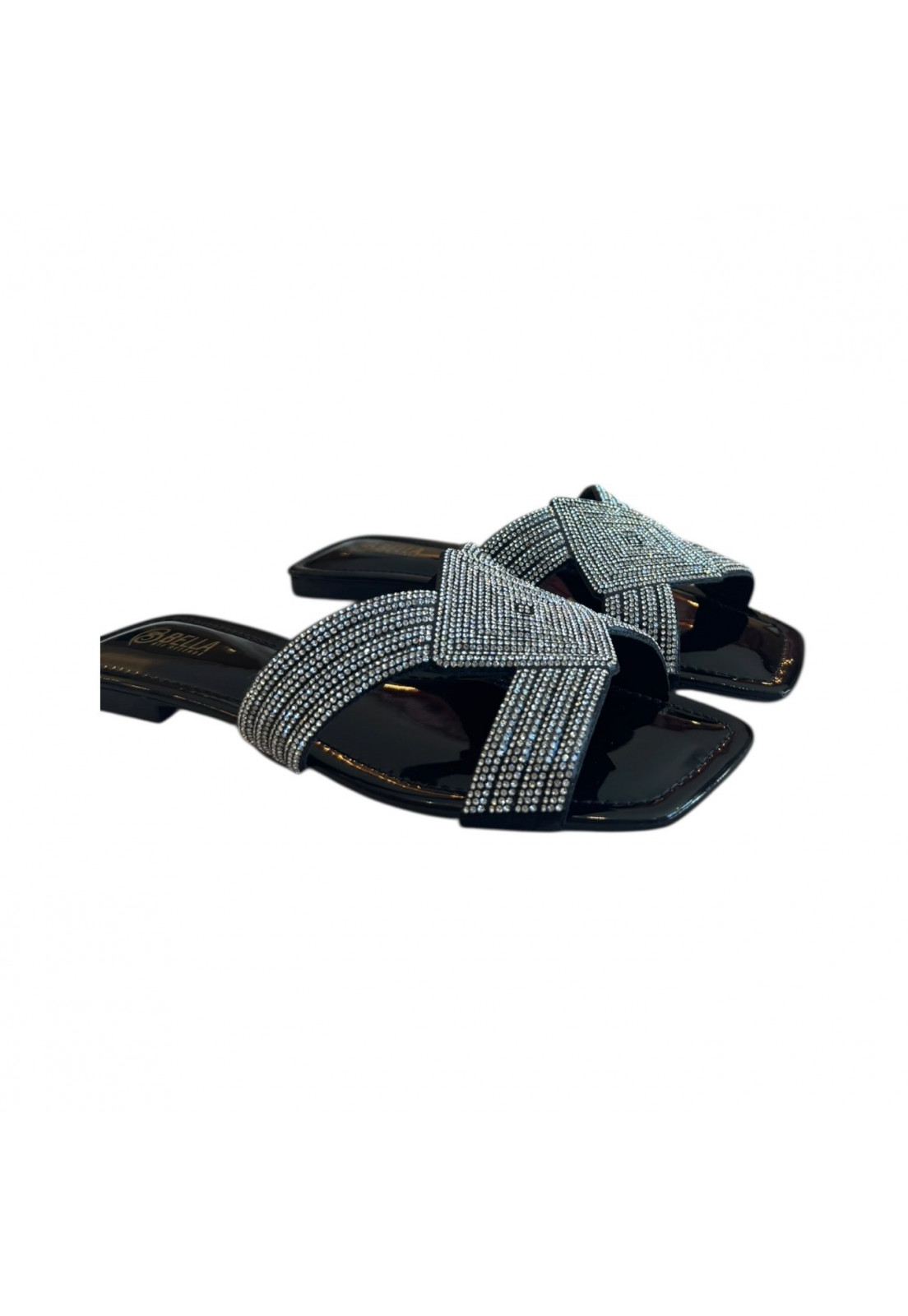 Rasteira Verniz Preto Brilho Cristal Quadrado Rasteira Verniz Preto Brilho Cristal Quadrado