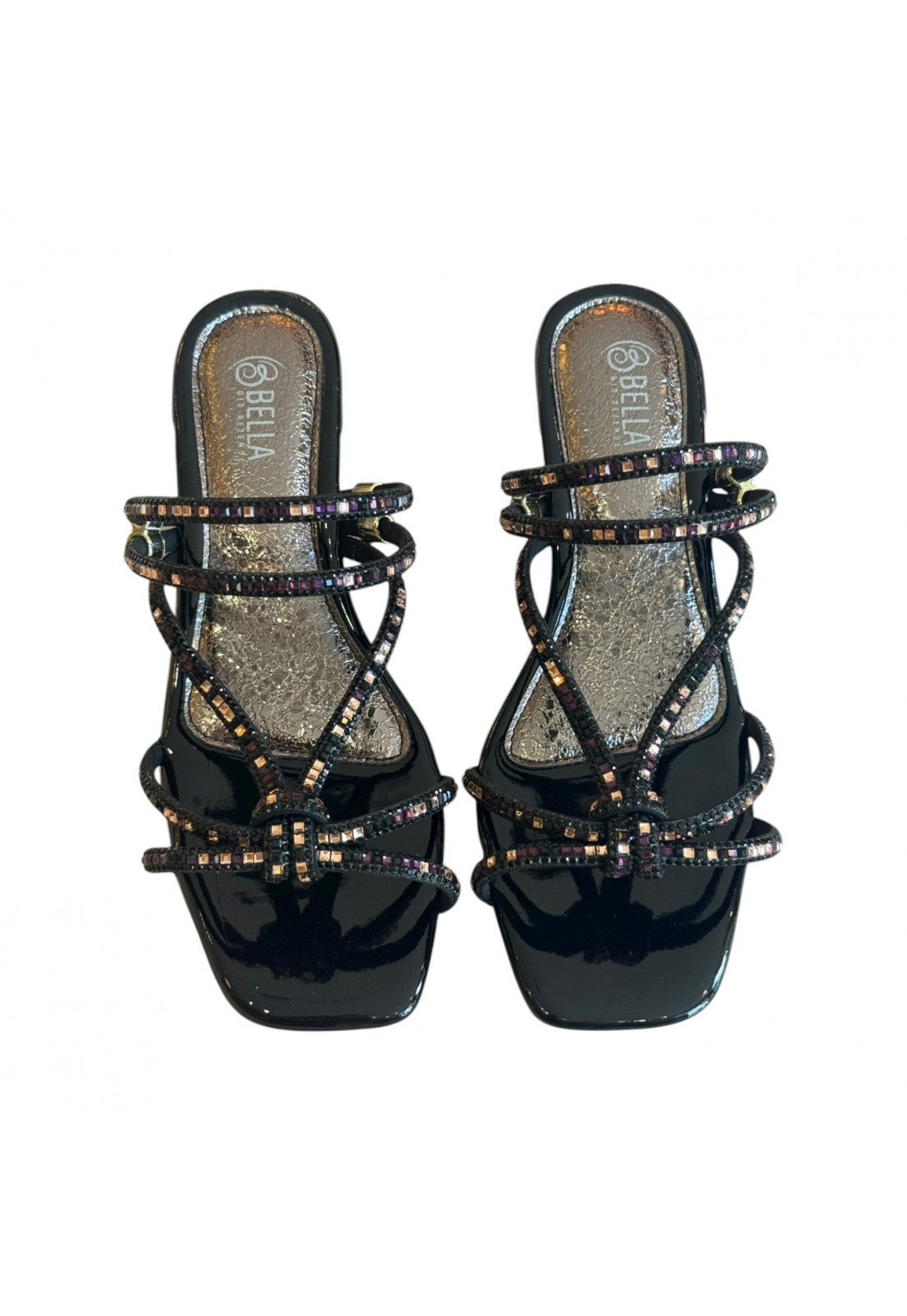 Sandália Verniz Preto Vidrilho Preto e Rosê Salto Bloco 5 cm Sandália Verniz Preto Vidrilho Preto e Rosê Salto Bloco 5 cm