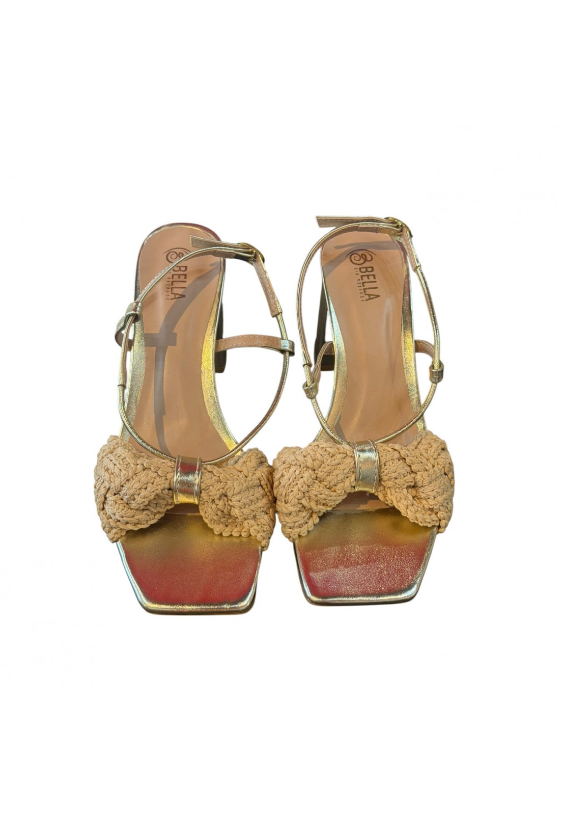 Sandália tramado BEGE em Laço Dourada Metalizada Salto Bloco Sandália tramado BEGE em Laço Dourada Metalizada Salto Bloco