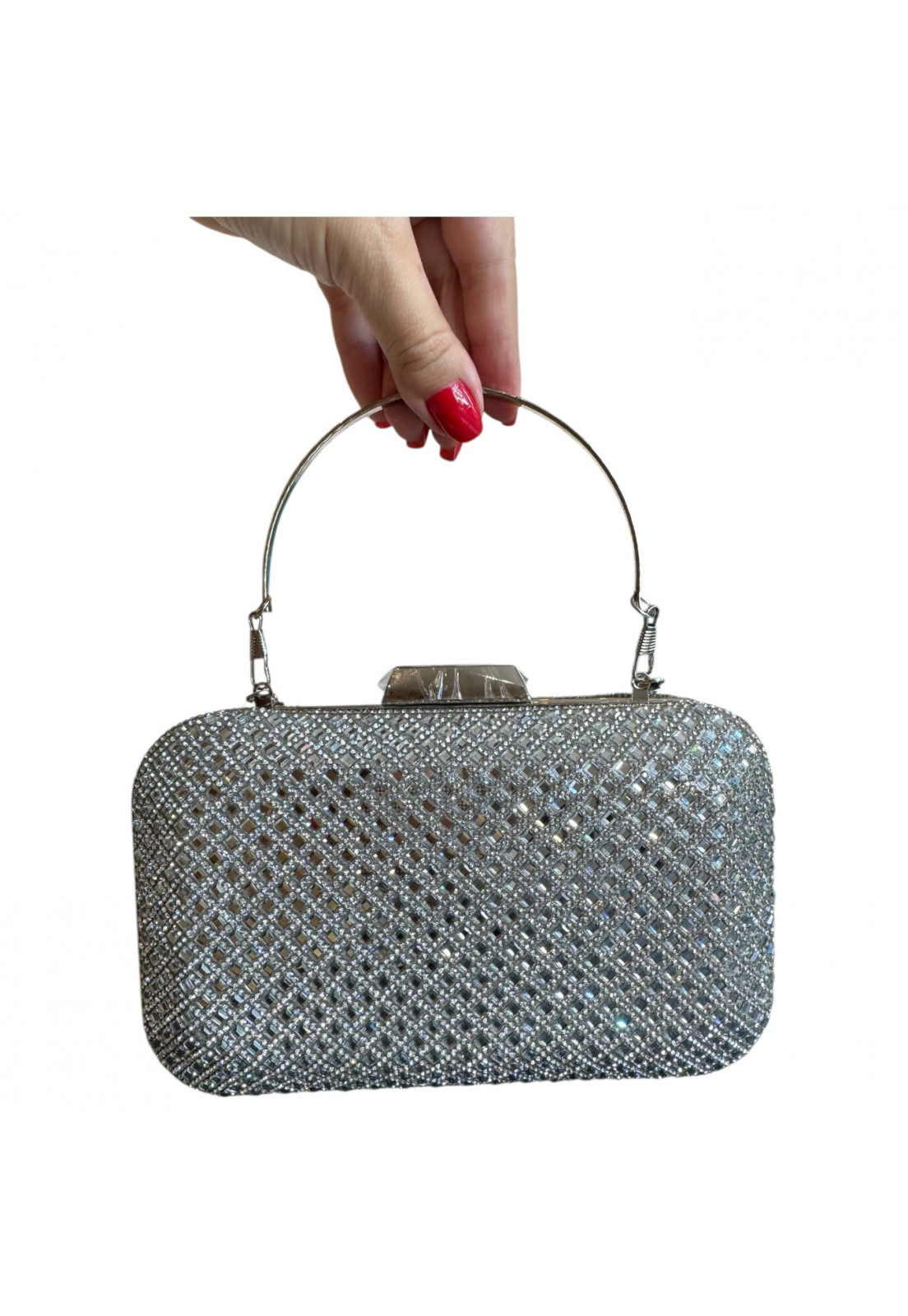 Clutch retangular Prata Brilho Cristal duas alças