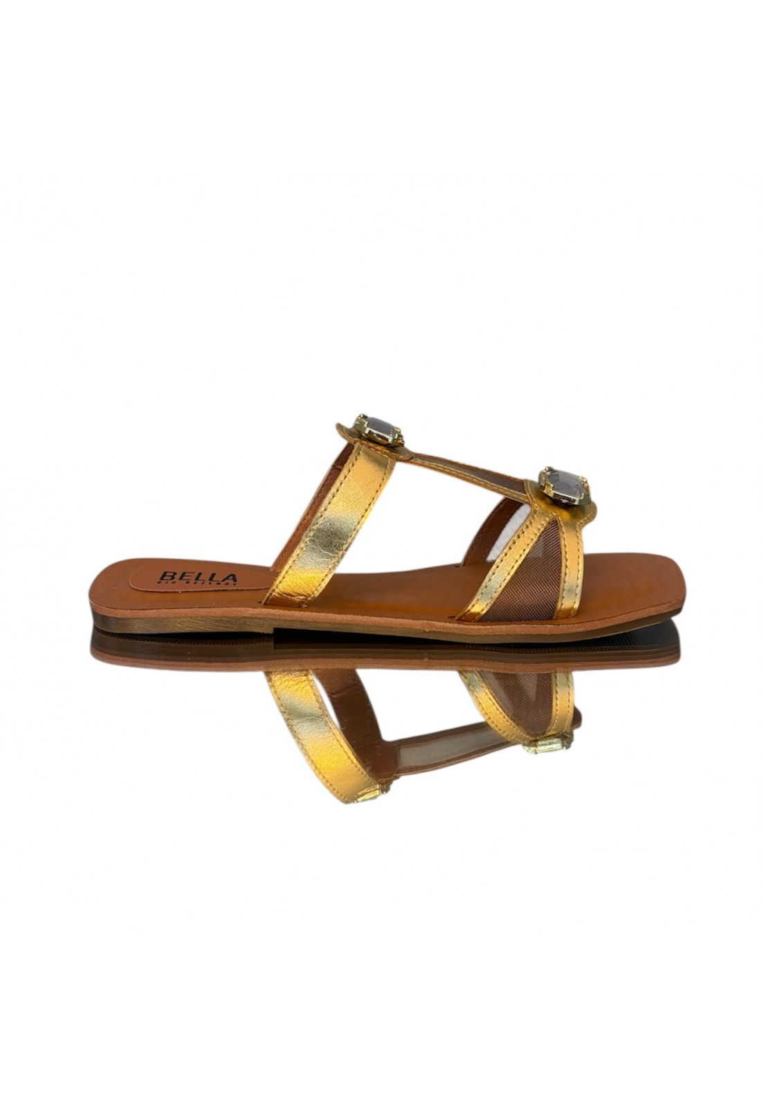 Rasteira Ouro Light Pedraria e tela Caramelo