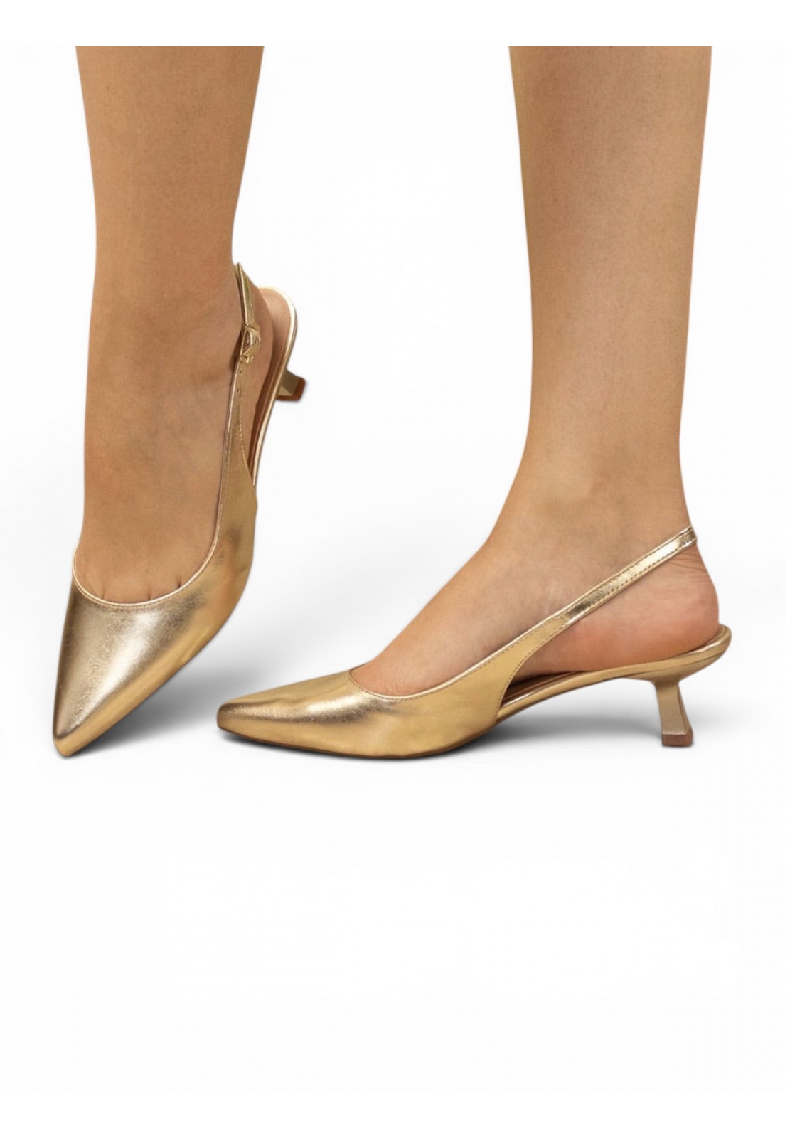 Scarpin Slingback Dourado Ouro Light salto 4 cm