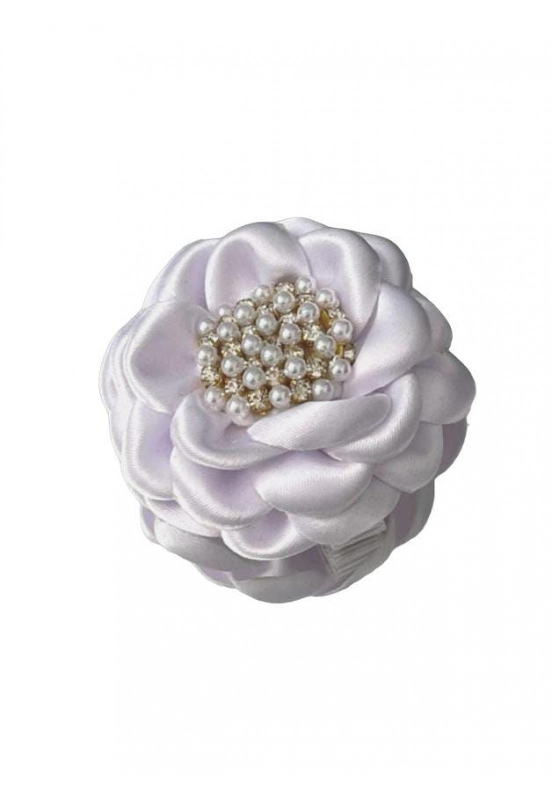 Presilha Flor Boleada de Cetim com Pérolas e Strass Dourado.