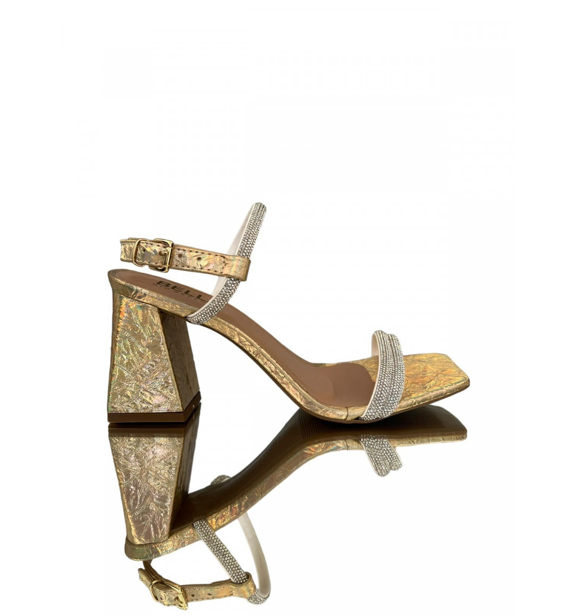 Sandália Dourada metalizado com Strass Salto Bloco 7cm