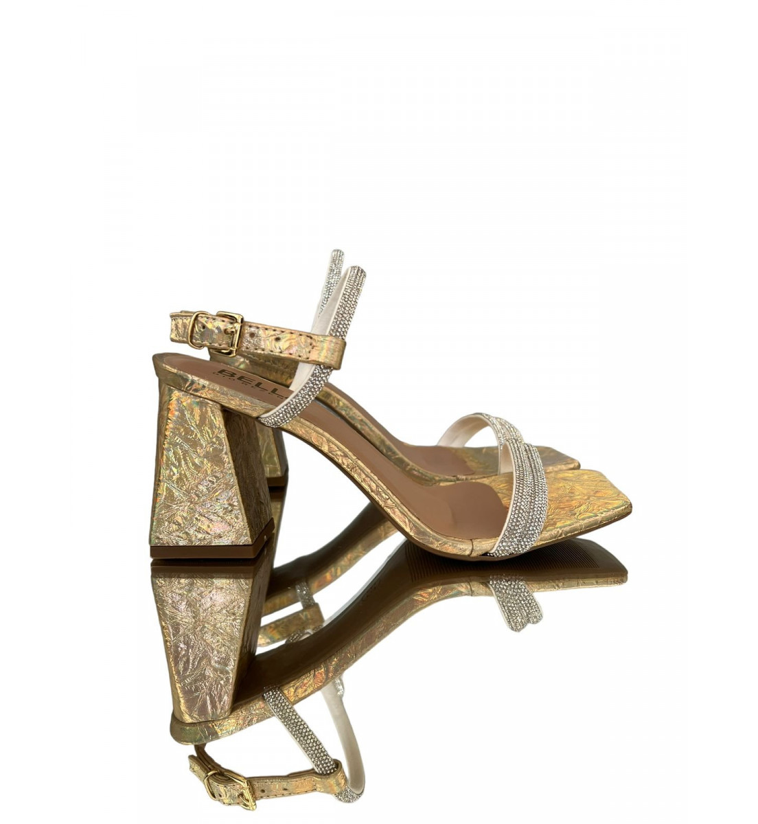 Sandália Dourada metalizado com Strass Salto Bloco 7cm