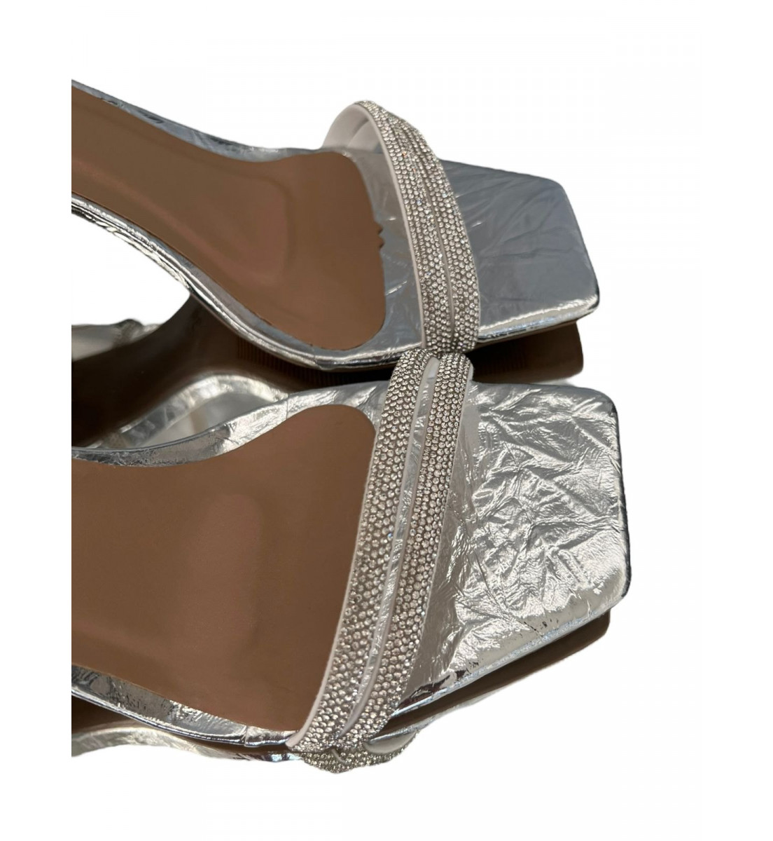 Sandália Prata metalizado com Strass Salto Bloco 7cm