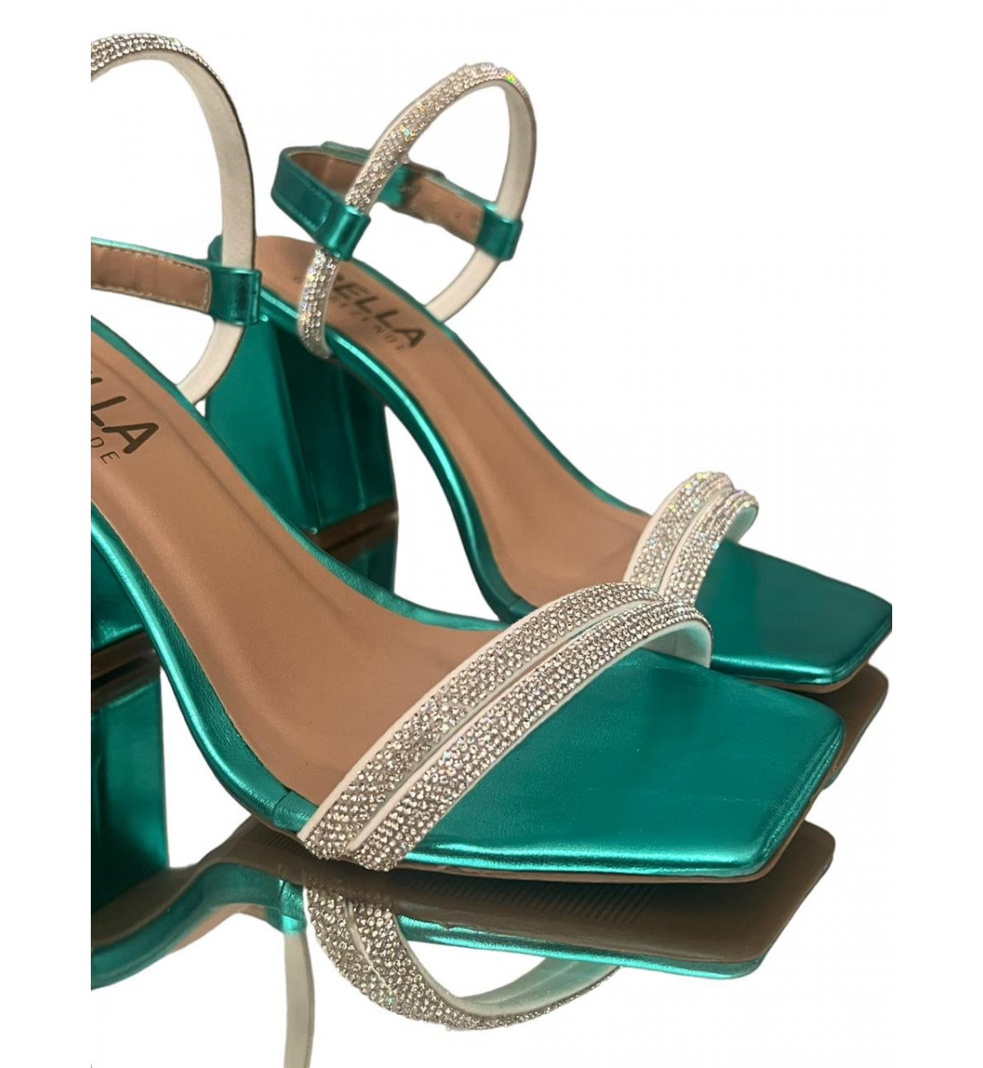 Sandália Verde Esmeralda Com Strass Cristal Salto Bloco 7cm