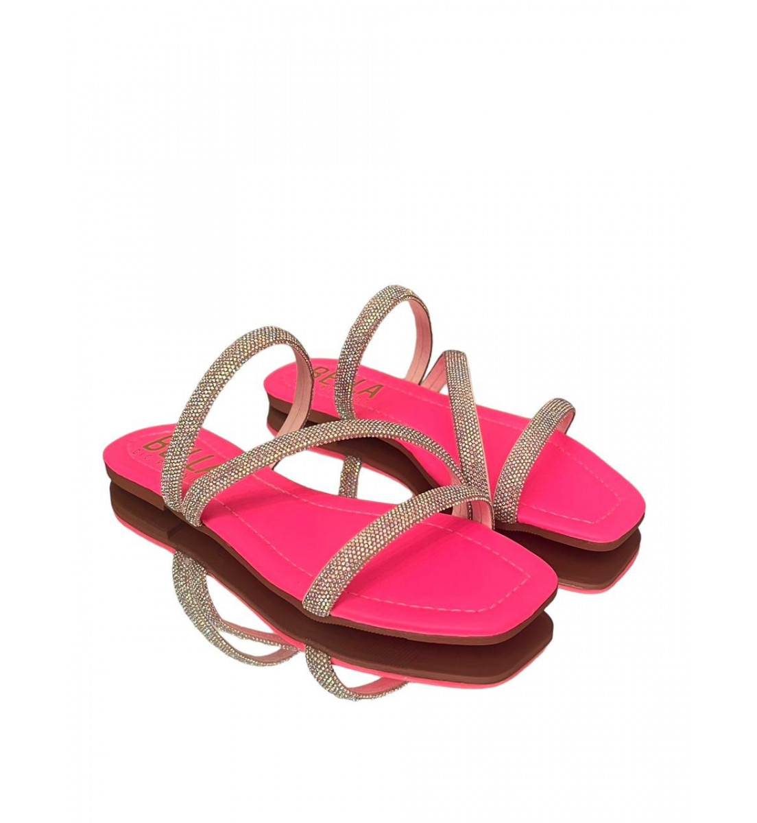 Rasteira Flat Pink Neon com detalhes brilho Prata