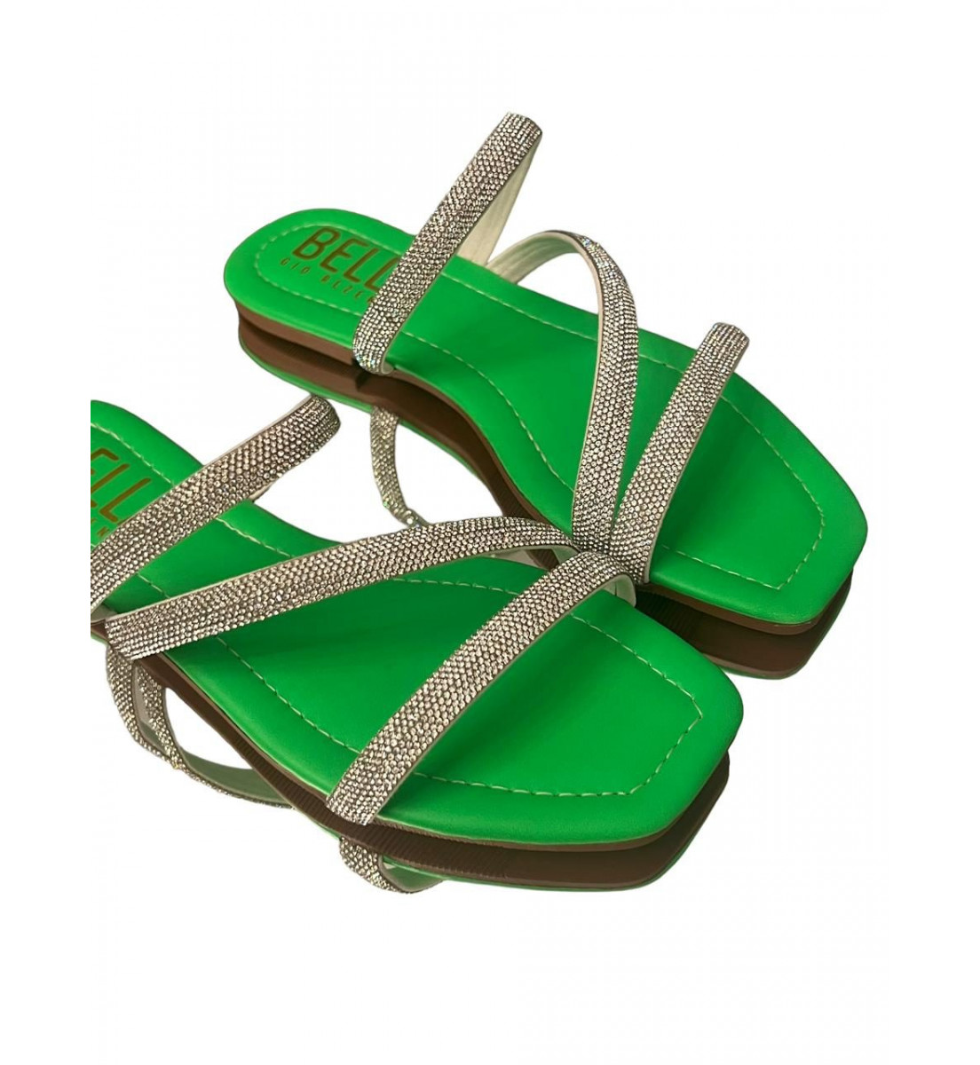 Rasteira Flat Verde Neon com detalhes brilho Prata