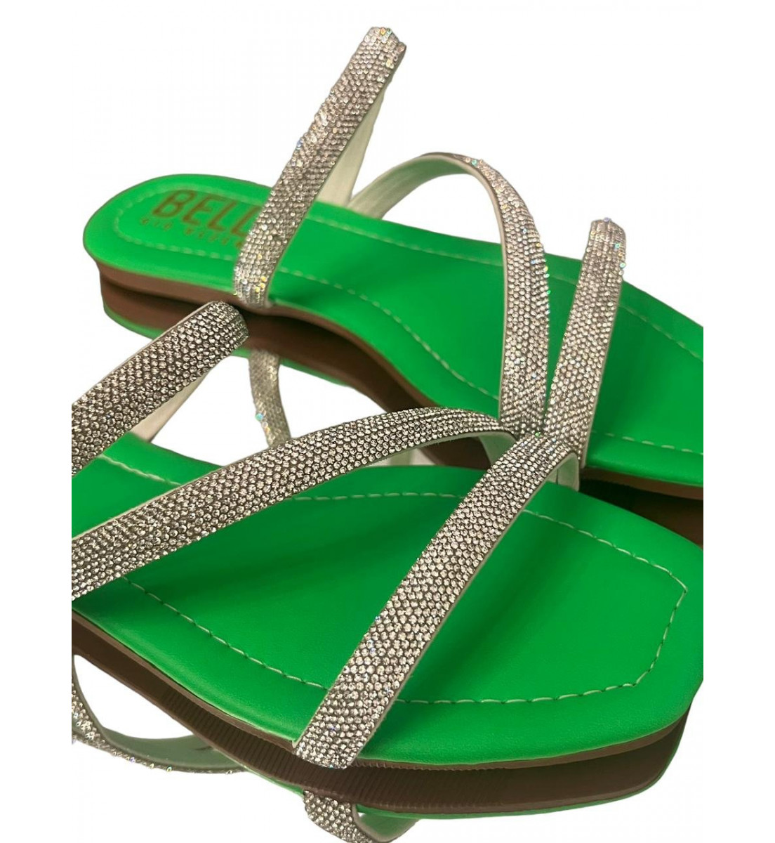 Rasteira Flat Verde Neon com detalhes brilho Prata