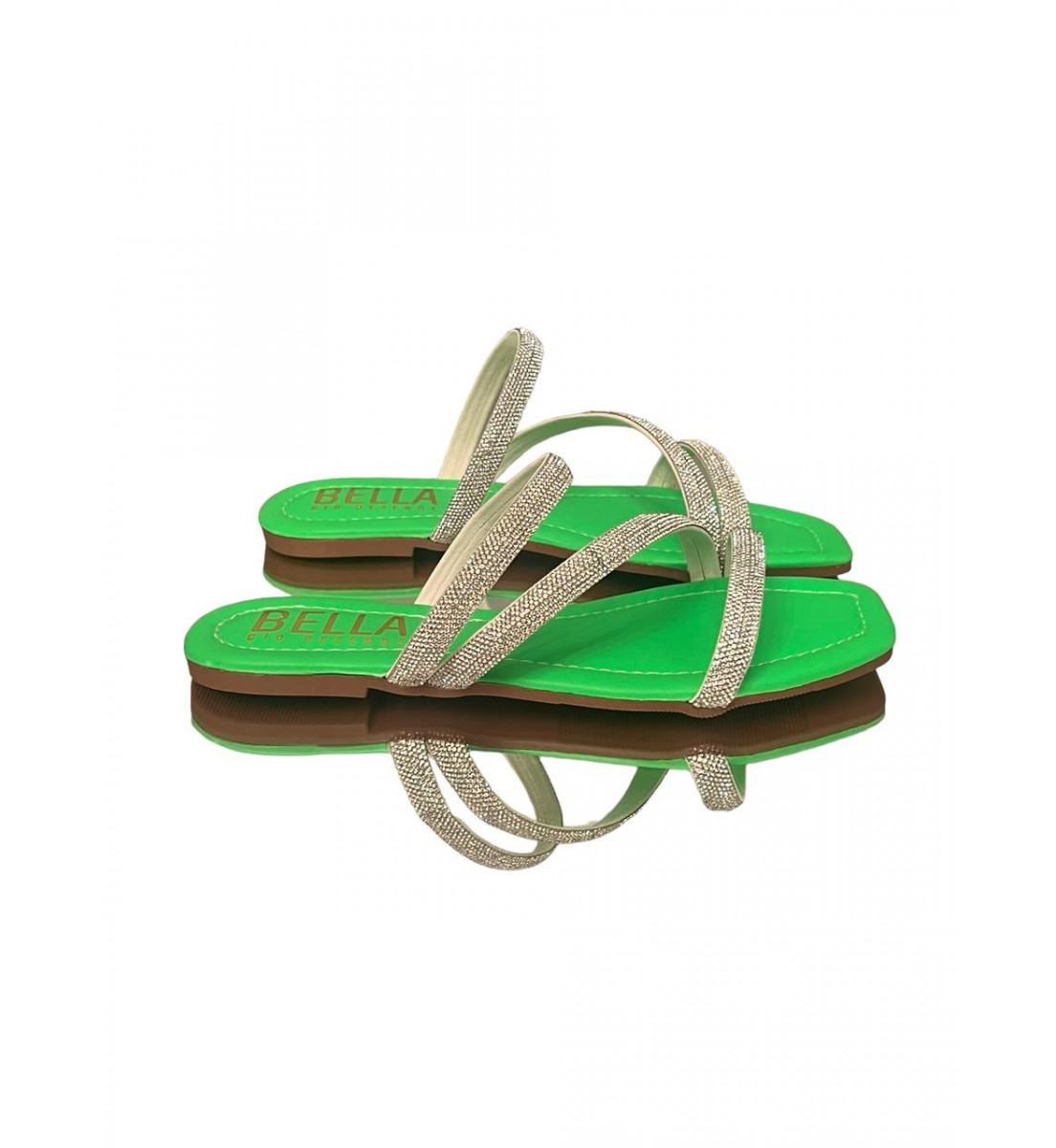 Rasteira Flat Verde Neon com detalhes brilho Prata