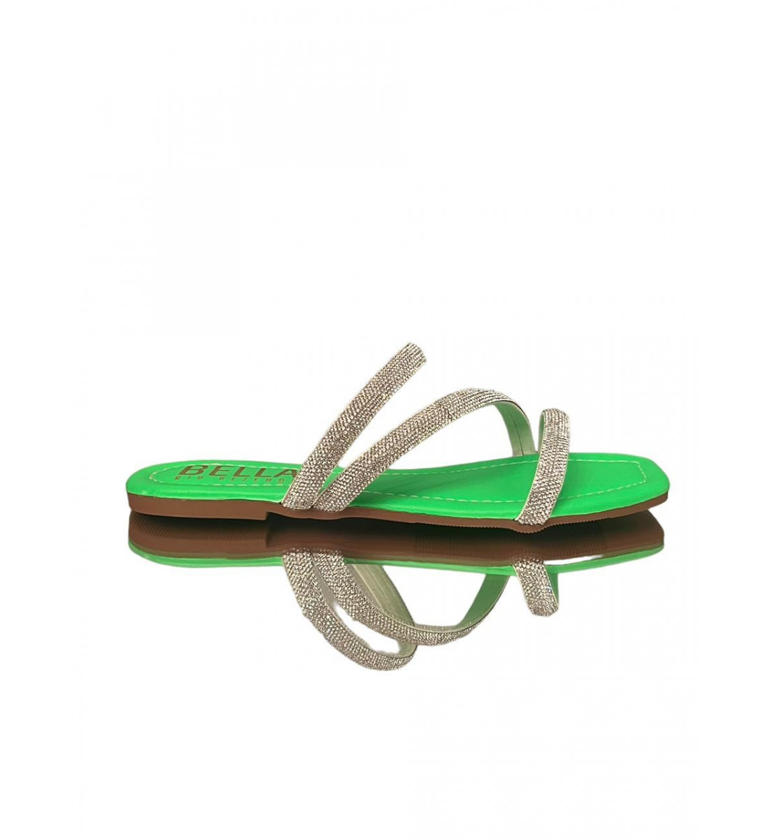 Rasteira Flat Verde Neon com detalhes brilho Prata