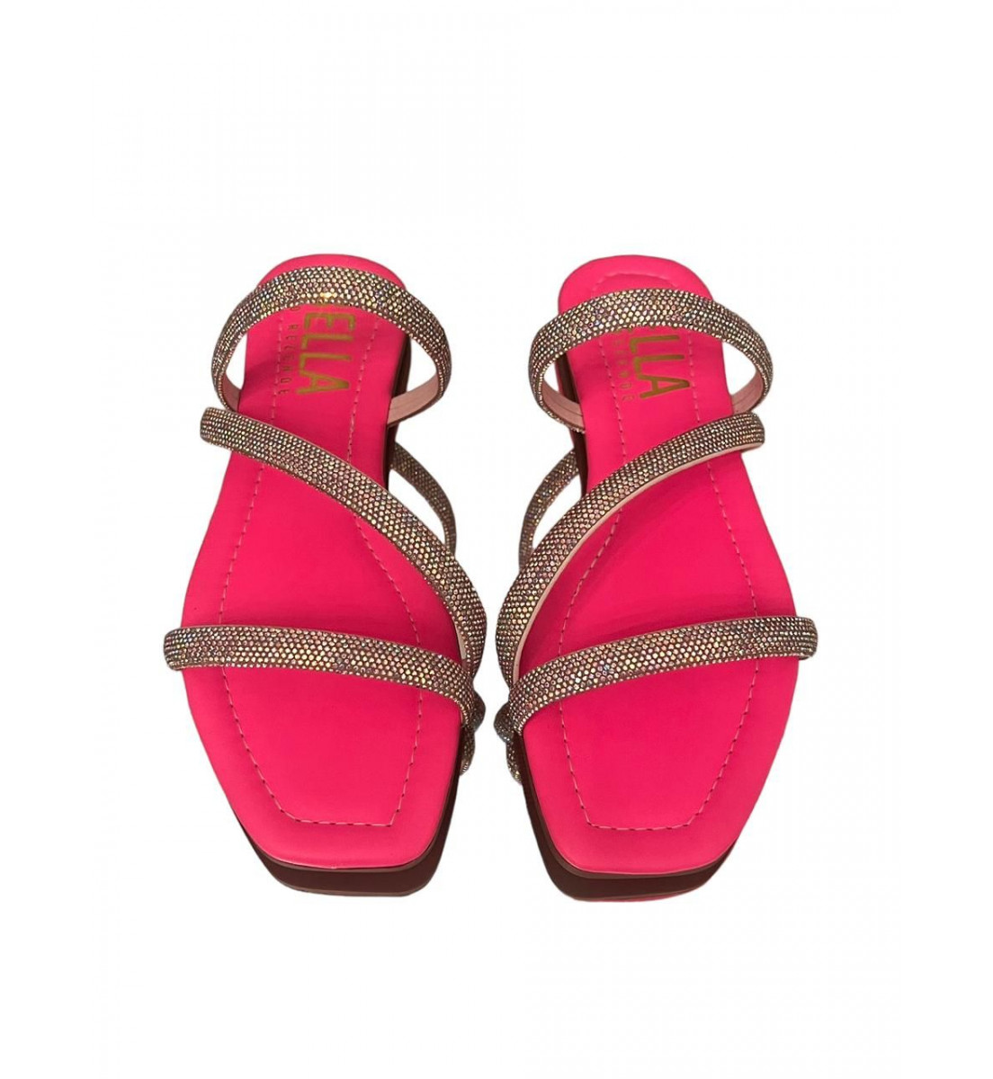 Rasteira Flat Pink Neon com detalhes brilho Prata