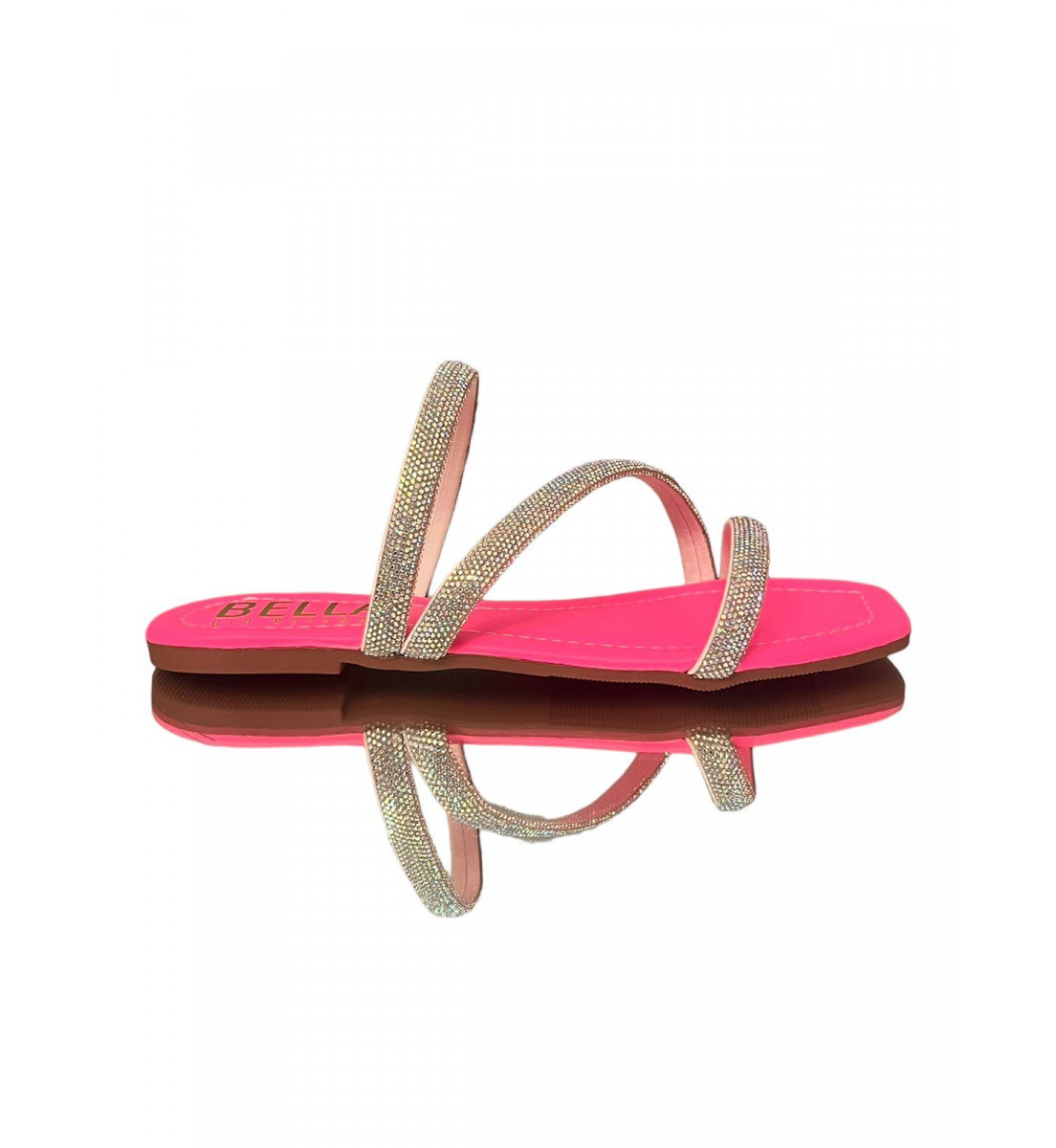 Rasteira Flat Pink Neon com detalhes brilho Prata