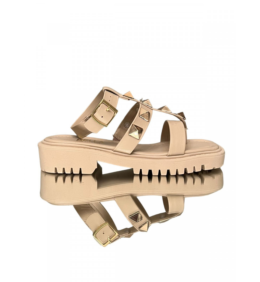 Sandália Papete Flatform  Off White com Spike dourado