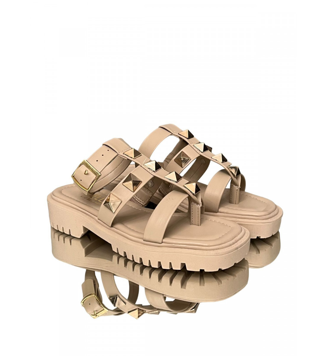 Sandália Papete Flatform  Off White com Spike dourado