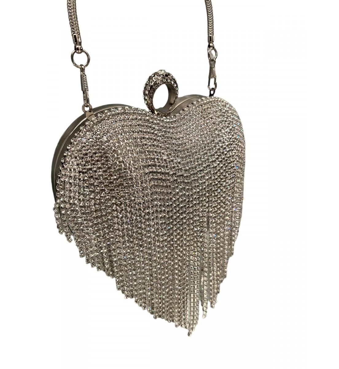 Clutch Luxo Strass Prata em forma de coração 