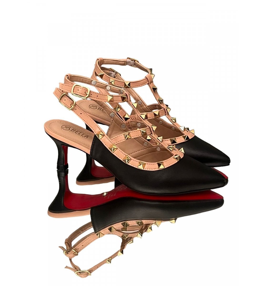 Scarpin Preto Slingback com detalhes Spike  Dourado salto 5cm