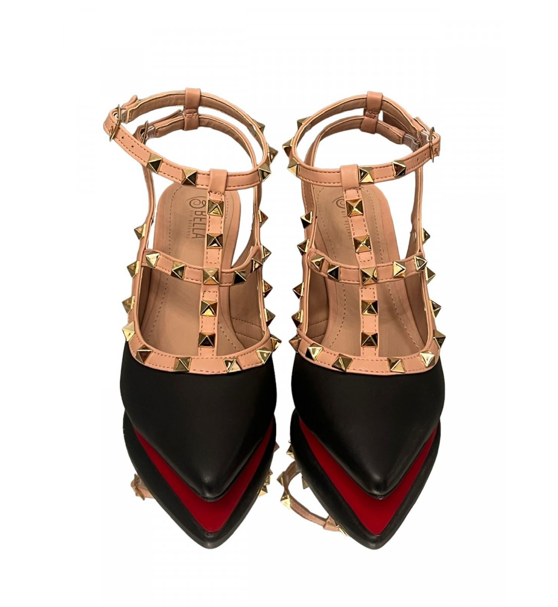 Scarpin Preto Slingback com detalhes Spike  Dourado salto 5cm