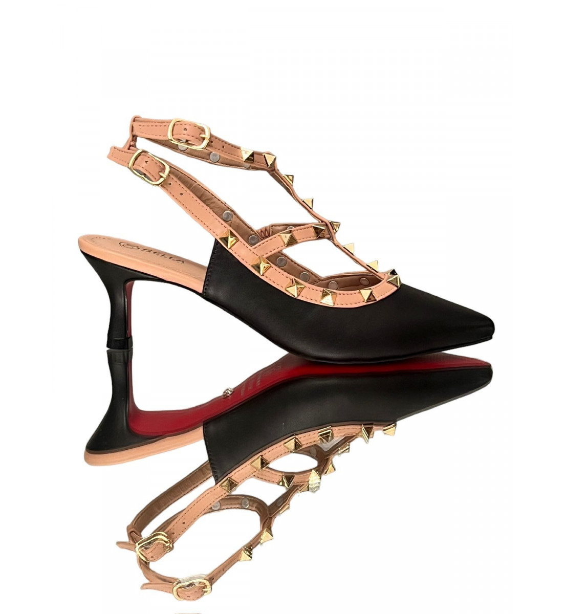 Scarpin Preto Slingback com detalhes Spike  Dourado salto 5cm