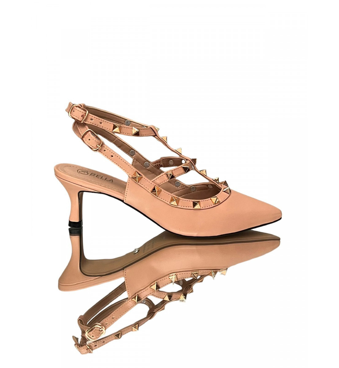 Scarpin Nude Rosado Slingback com detalhes Spike  Dourado salto 5cm