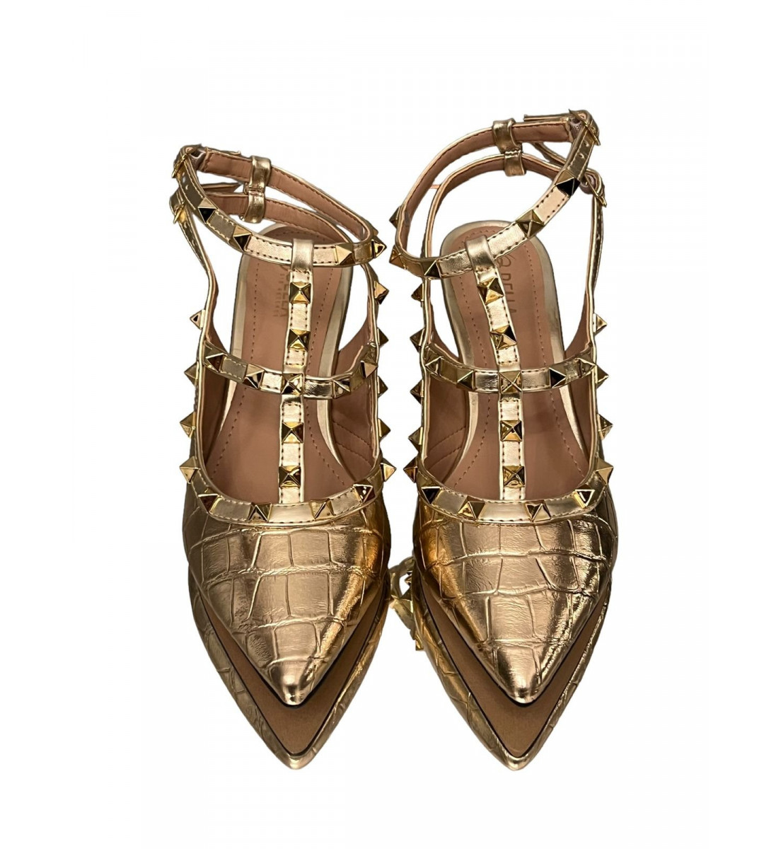 Scarpin Dourado  Slingback com detalhes Spike  Dourado salto 5cm