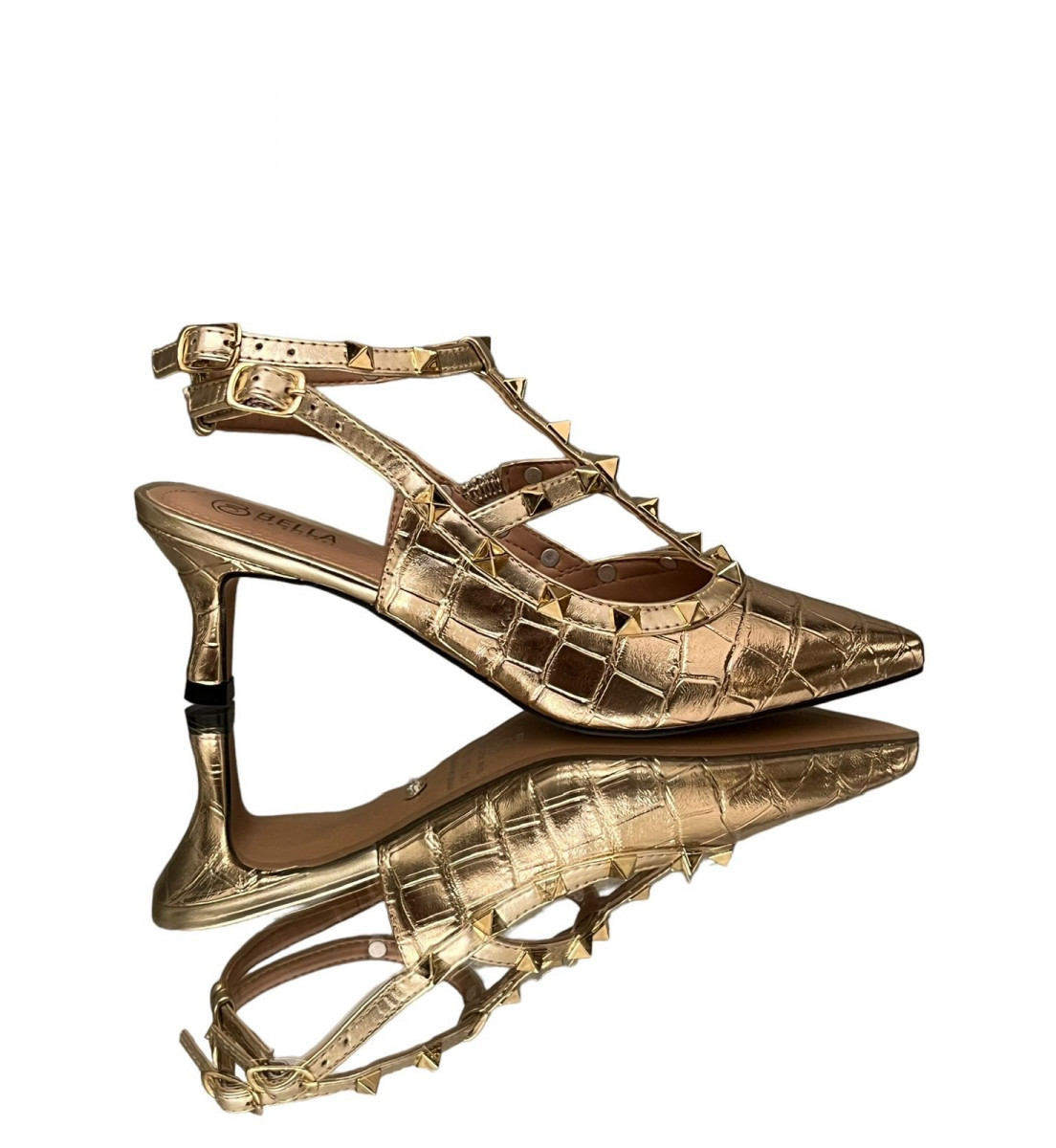 Scarpin Dourado  Slingback com detalhes Spike  Dourado salto 5cm