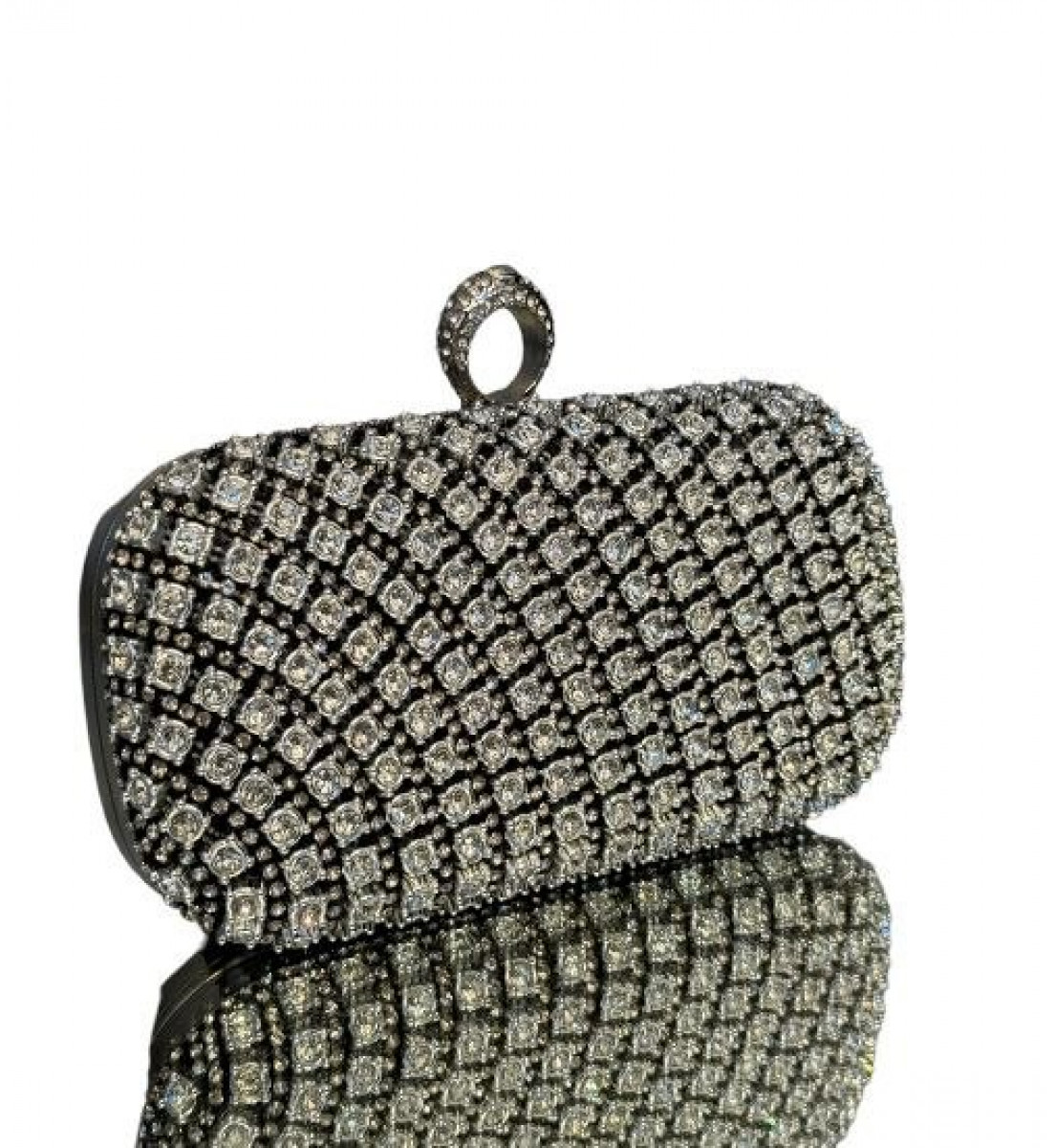 Clutch Anel Luxo Preta com Detalhes Pedraria Prata