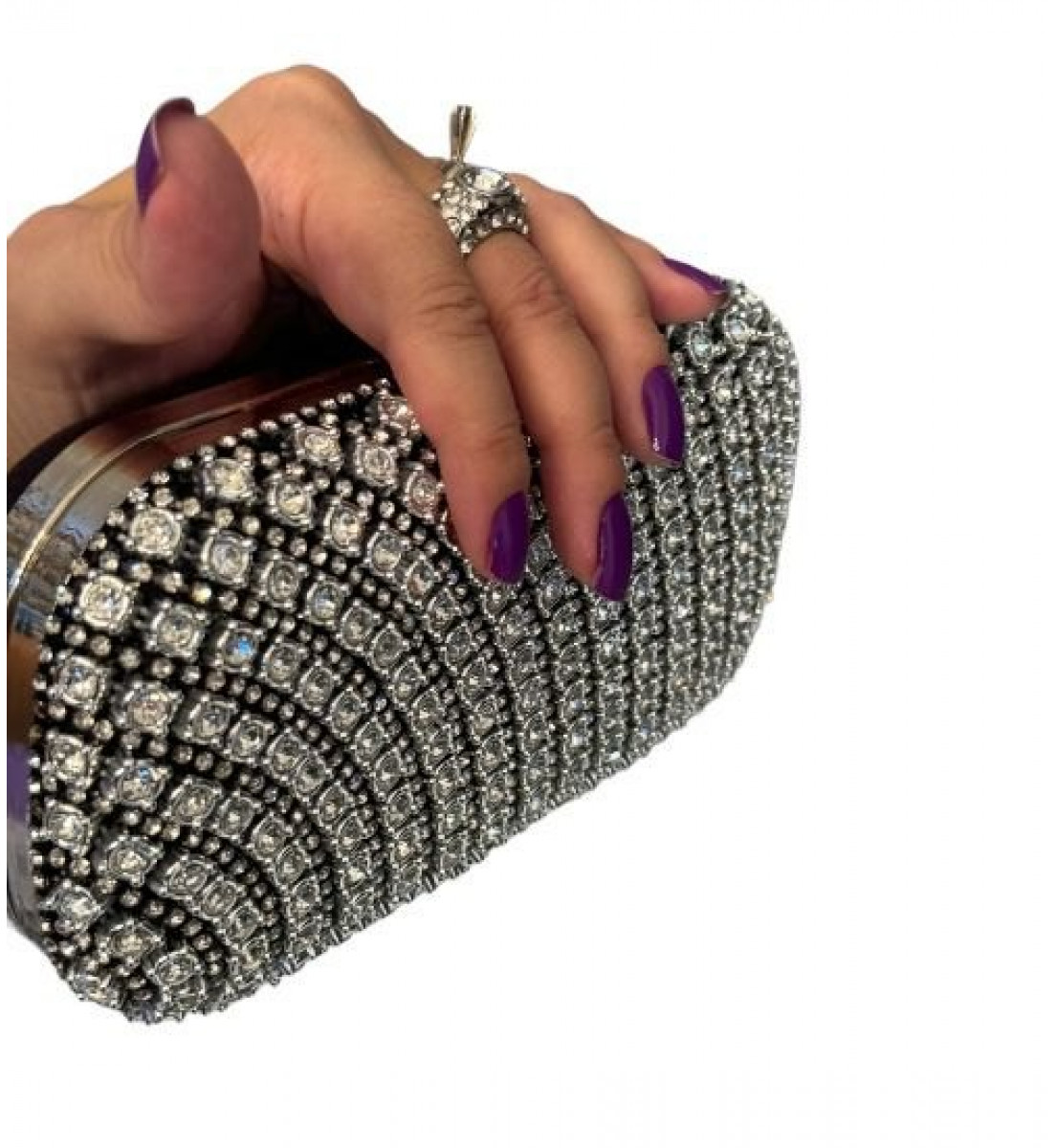 Clutch Anel Luxo Preta com Detalhes Pedraria Prata