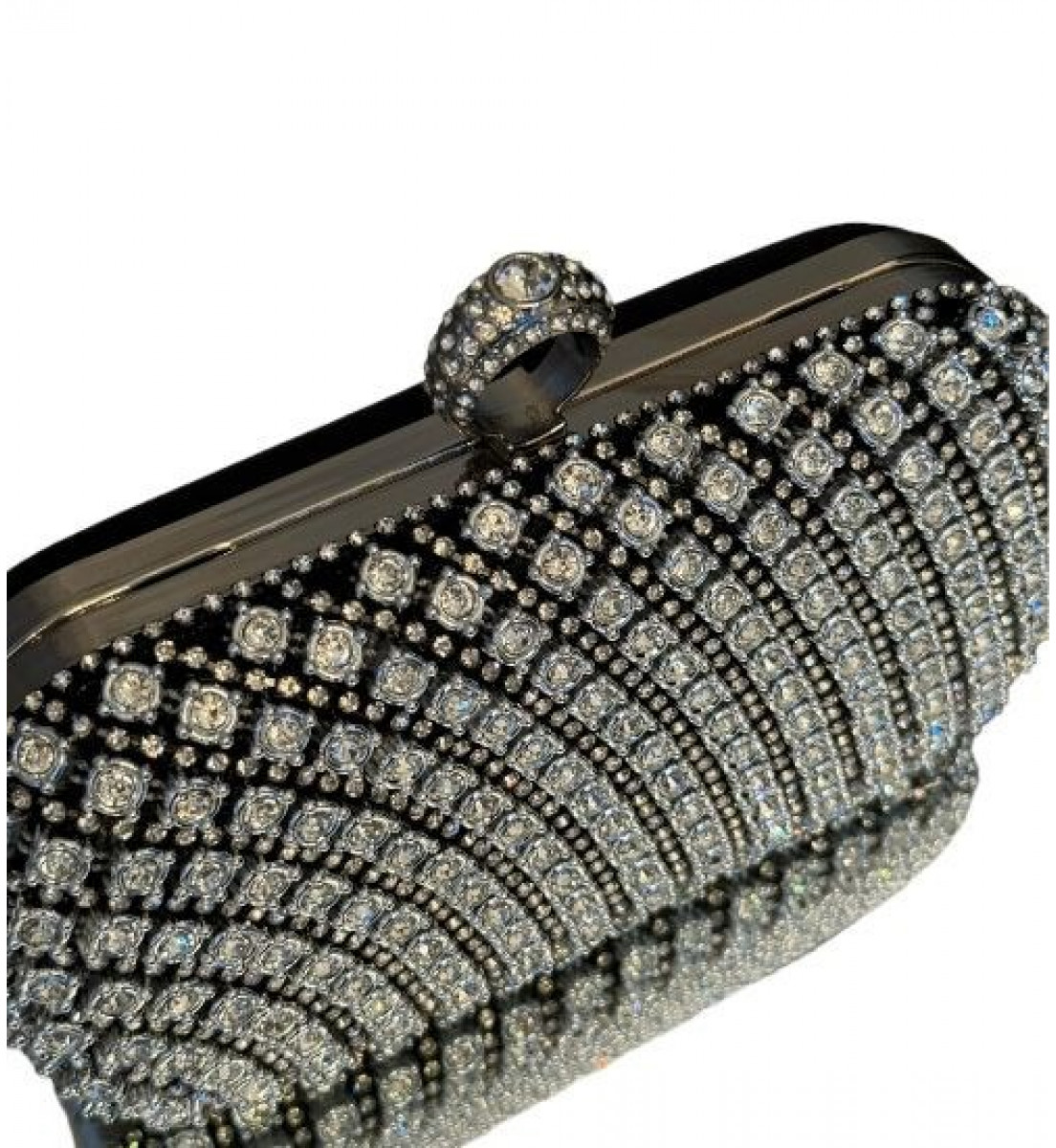 Clutch Anel Luxo Preta com Detalhes Pedraria Prata