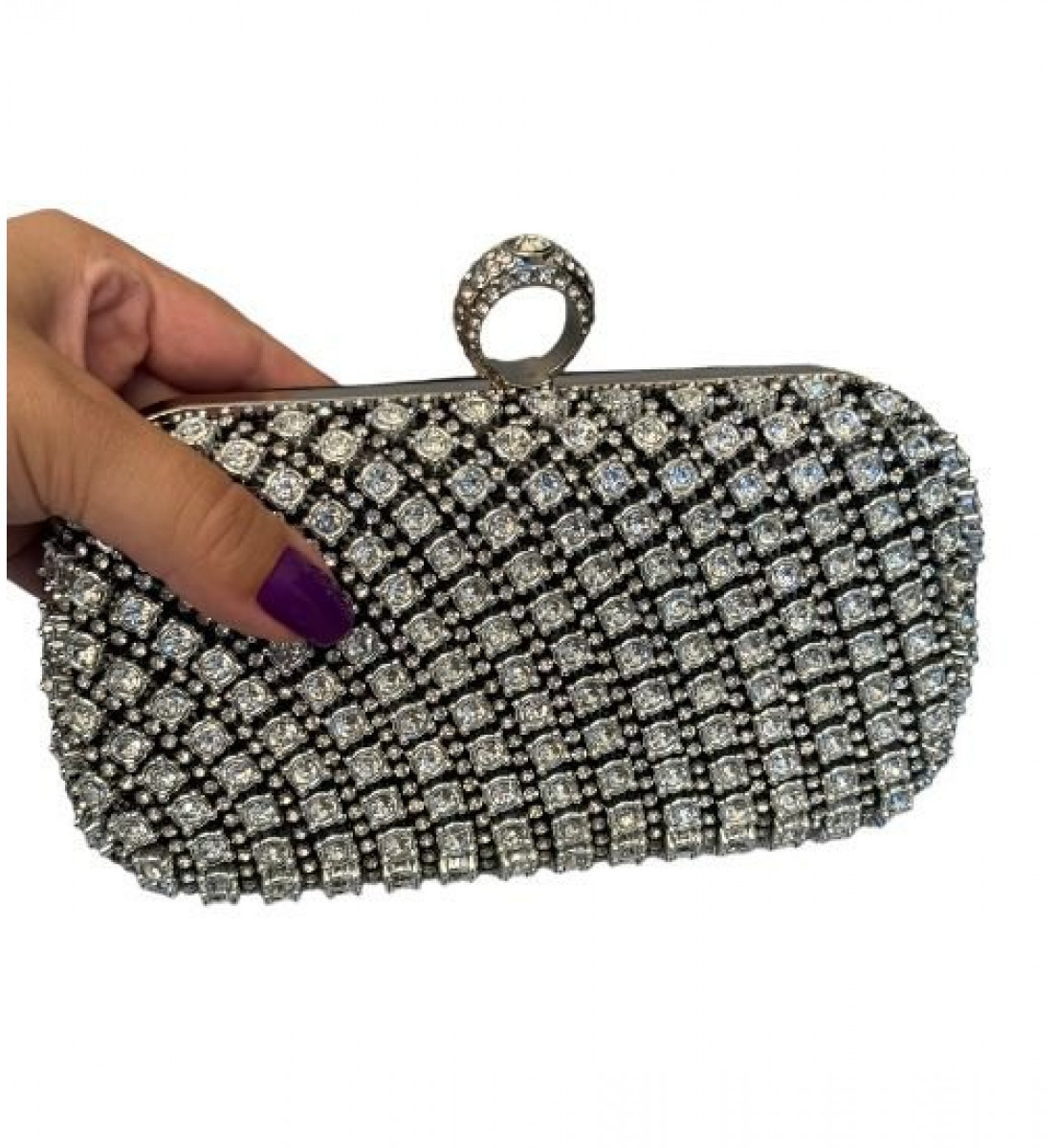 Clutch Anel Luxo Preta com Detalhes Pedraria Prata