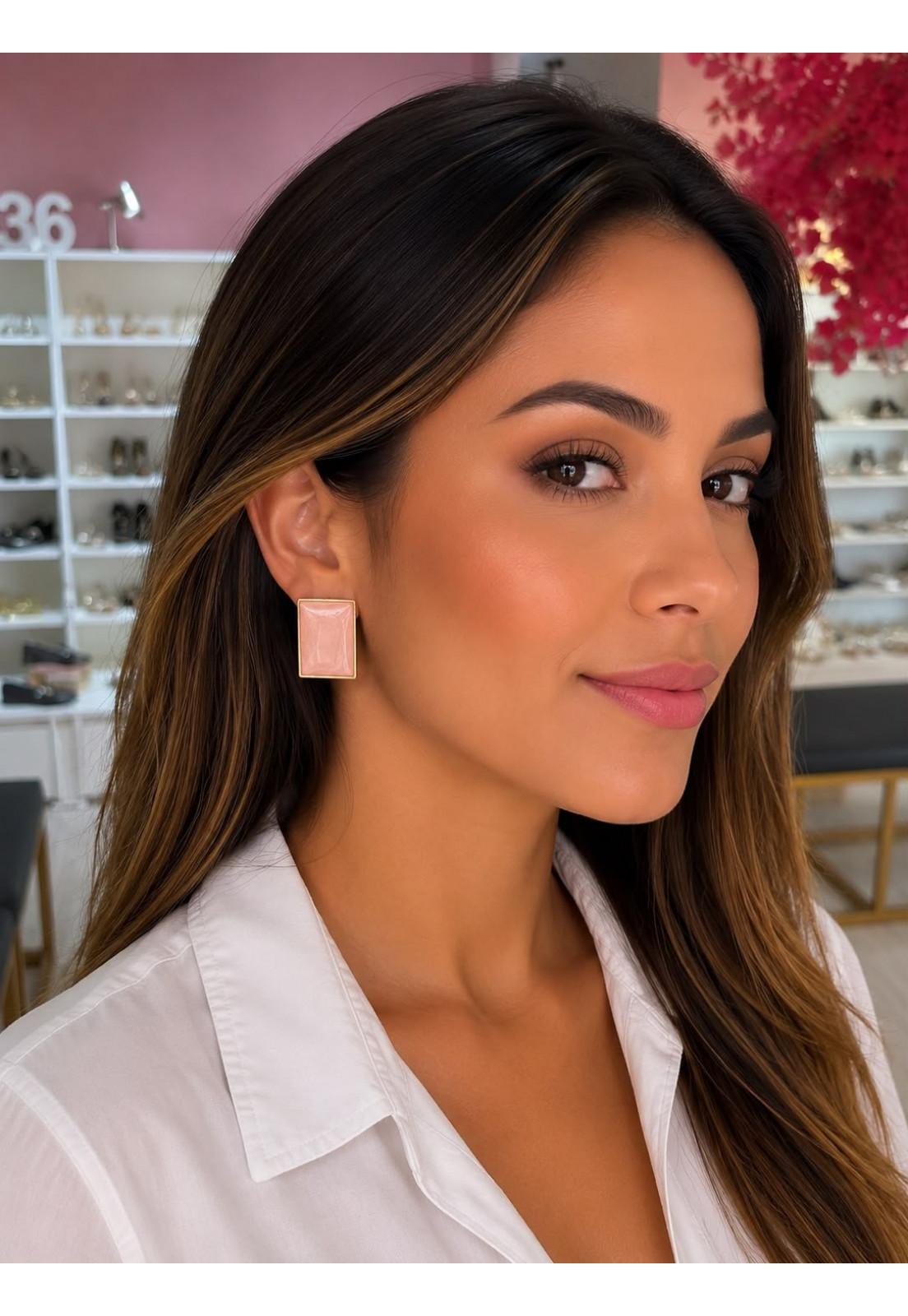BRINCO RETANGULAR DOURADO ROSA