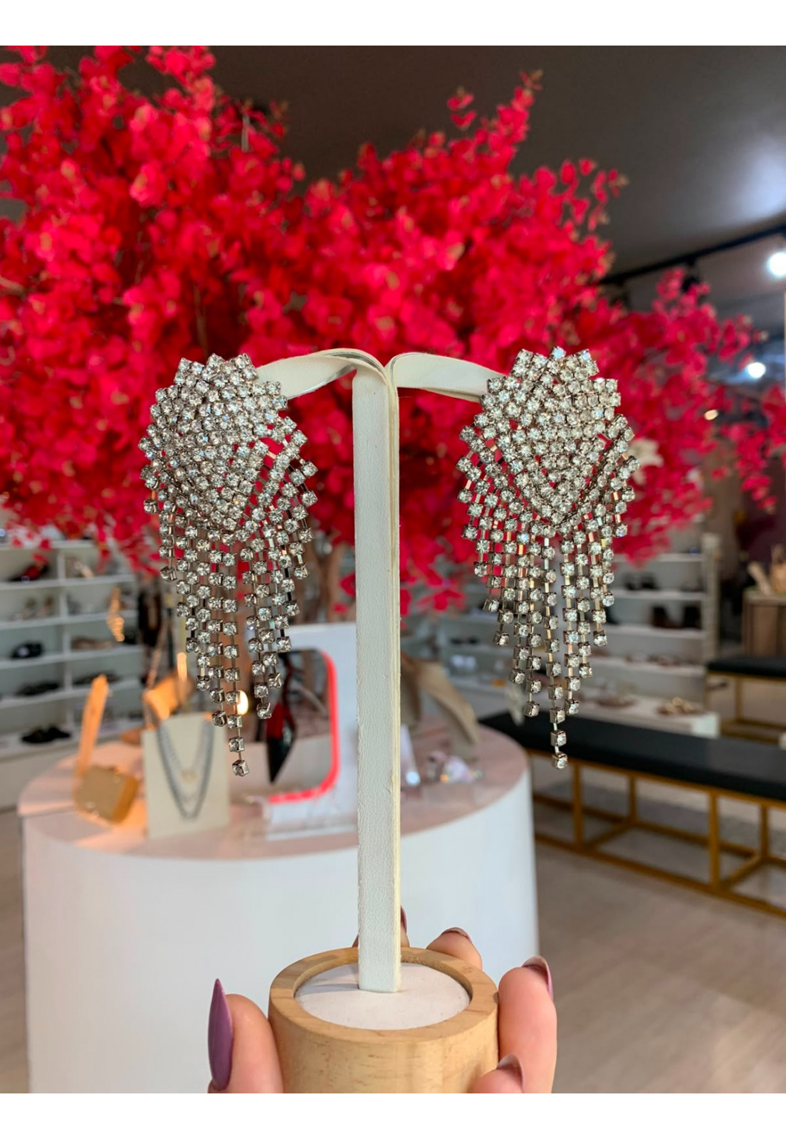 Brinco Luxo Strass Festa Prata