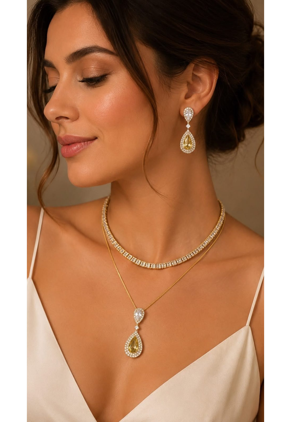 Conjunto Colar e Brincos Ouro18K pedra Yellow e Cristal cravejado em microzirconias 