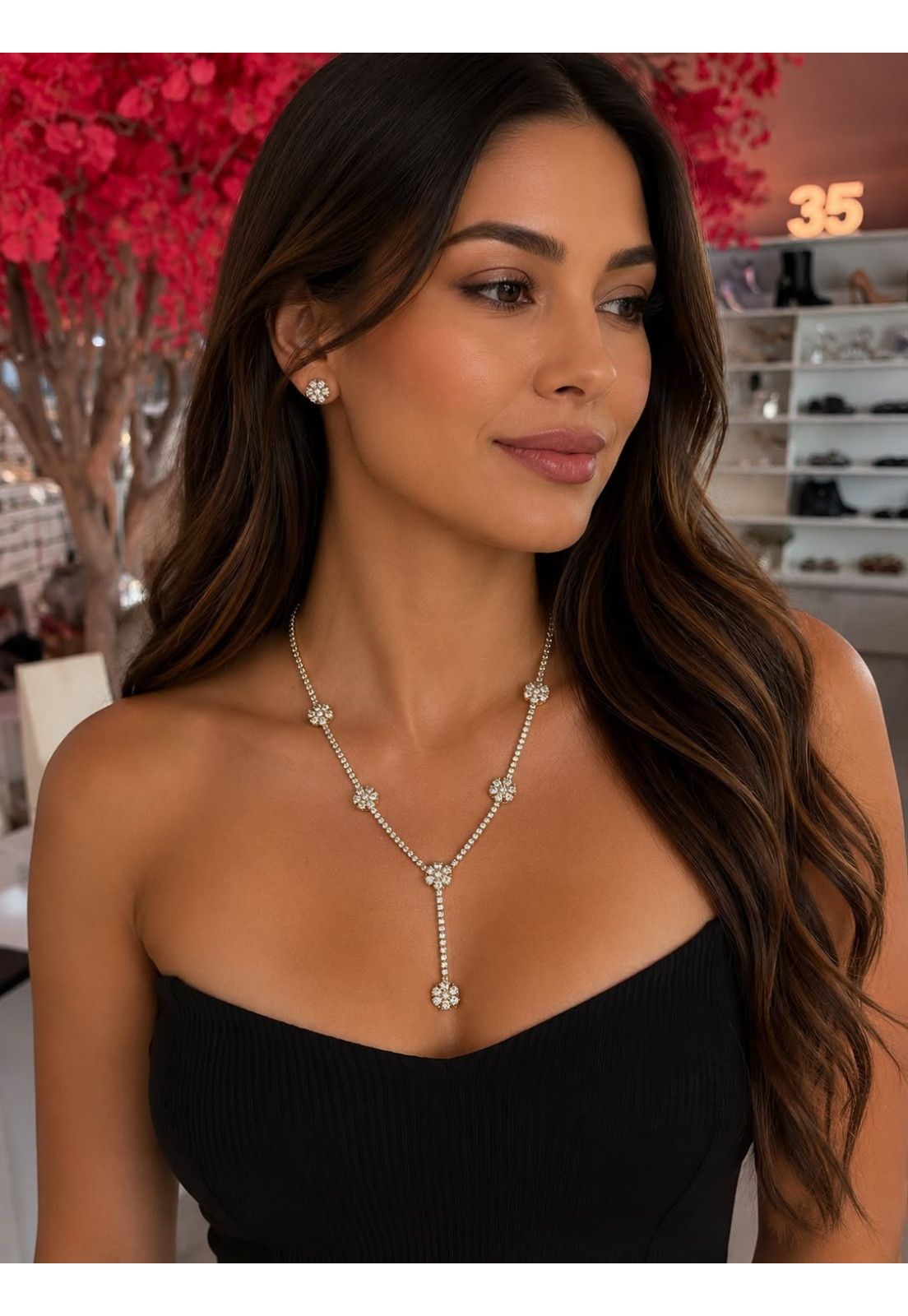 CONJUNTO COLAR E BRINCOS GRAVATA FLORES CRISTAL OURO 18K
