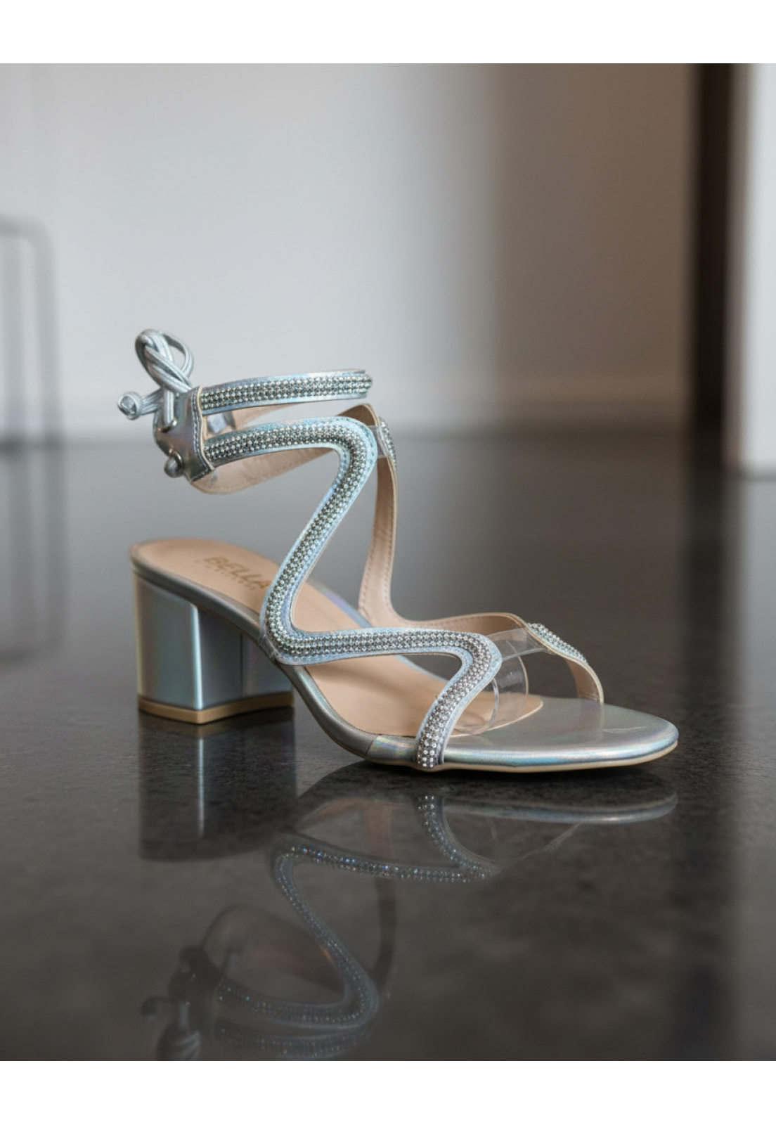 Sandália Prata Holografica Brilho Cristal Salto Bloco 6 cm 