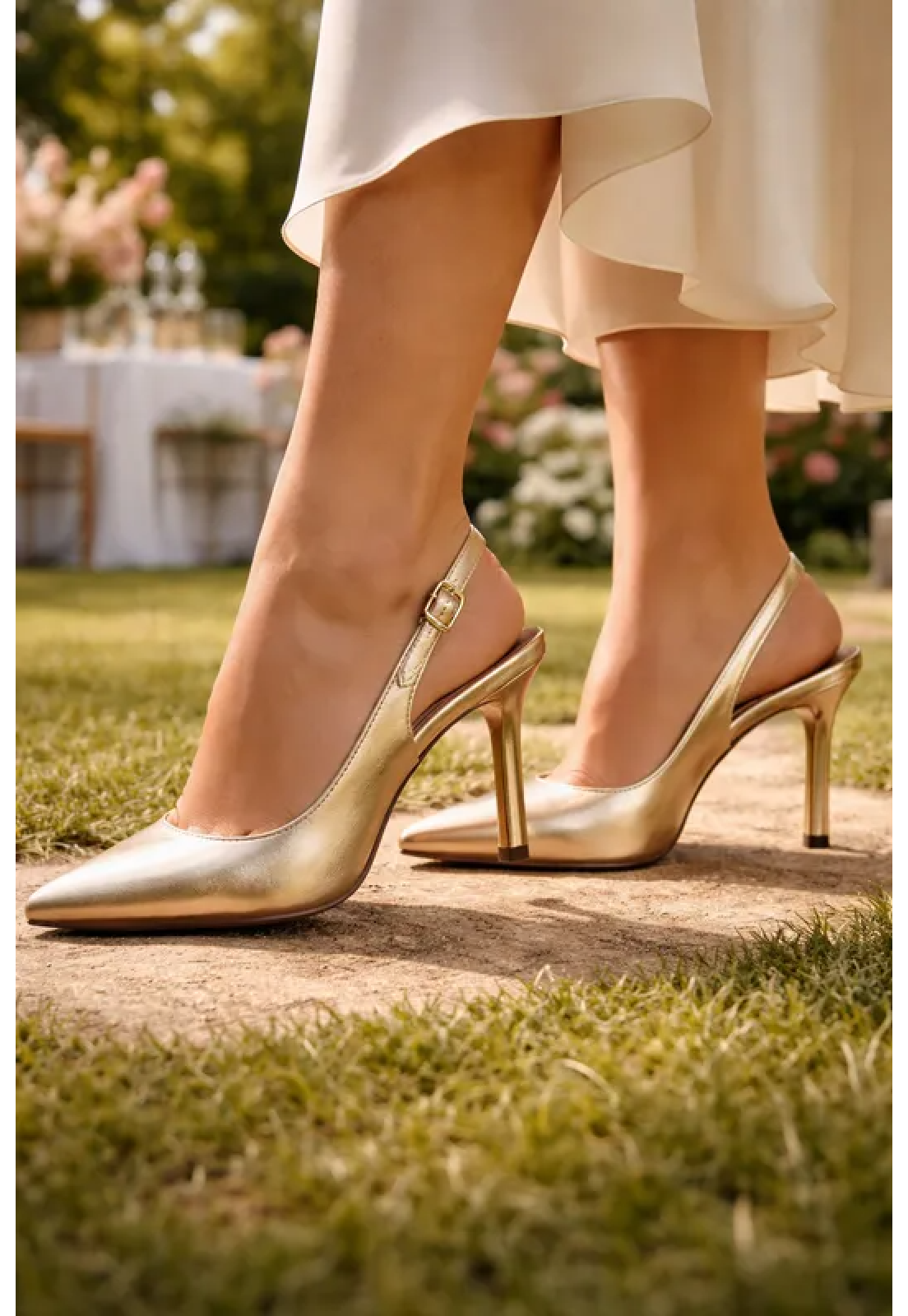 Scarpin Dourado  Slingback  Metalizado Bico Fino Salto 9 cm 