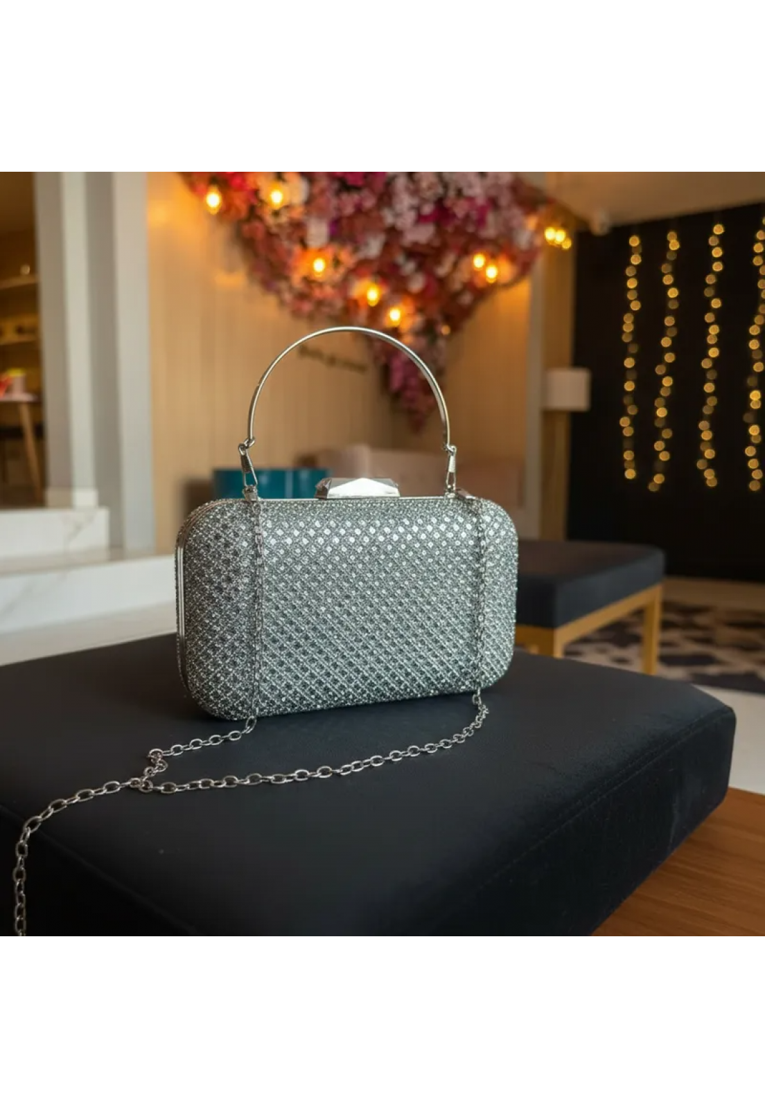 Clutch retangular Prata Brilho Cristal duas alças