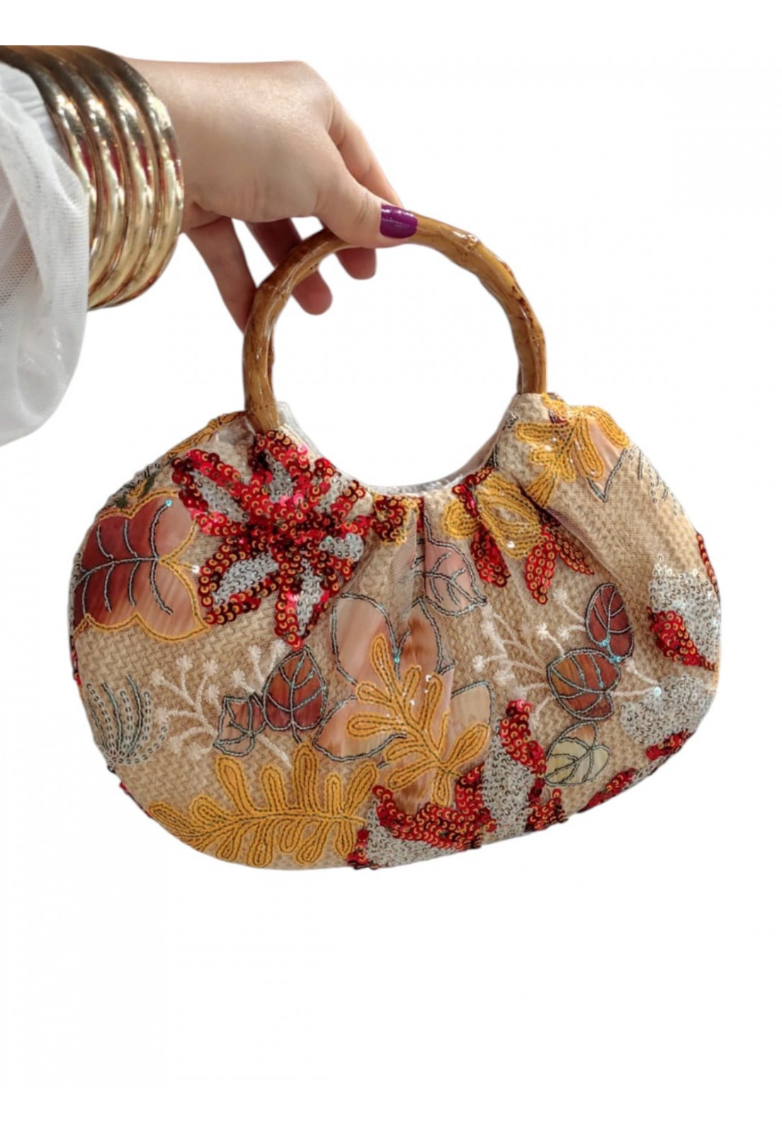 Bolsa Bordada Natural e Vermelho Elegance com Alça Efeito Bambu