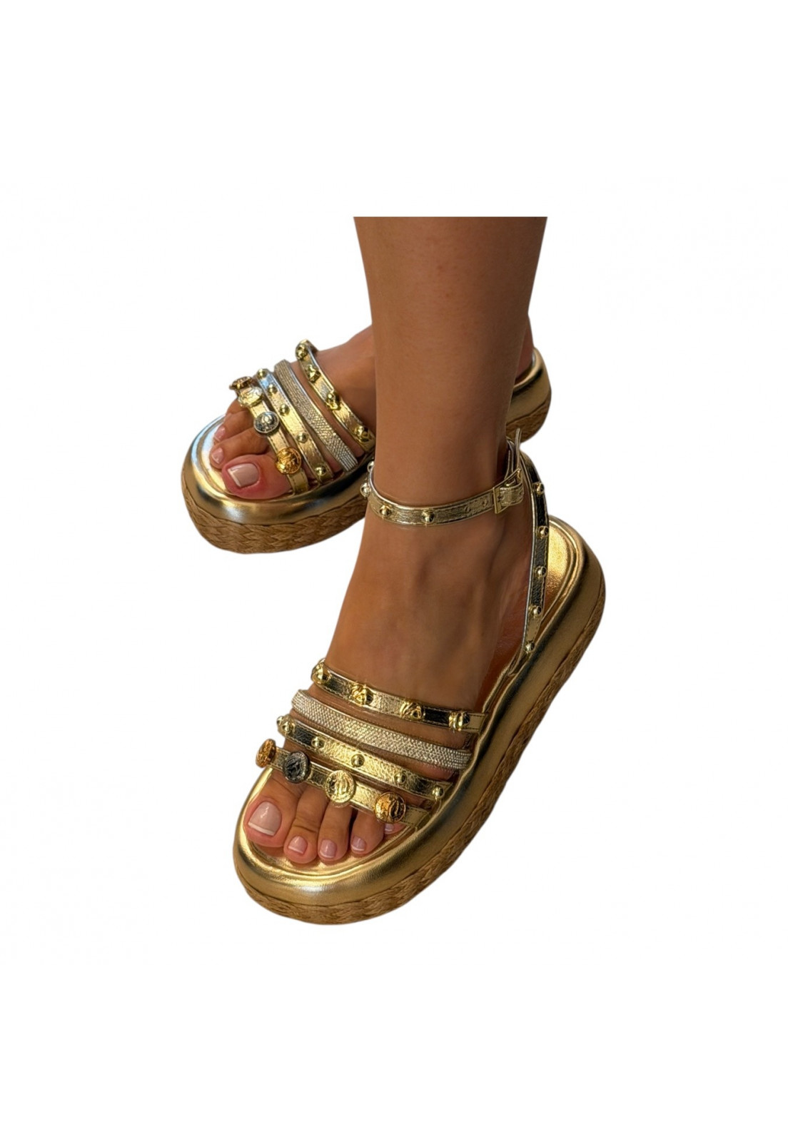 Sandália Papete Dourada Metalizada Tiras Strass e spikes